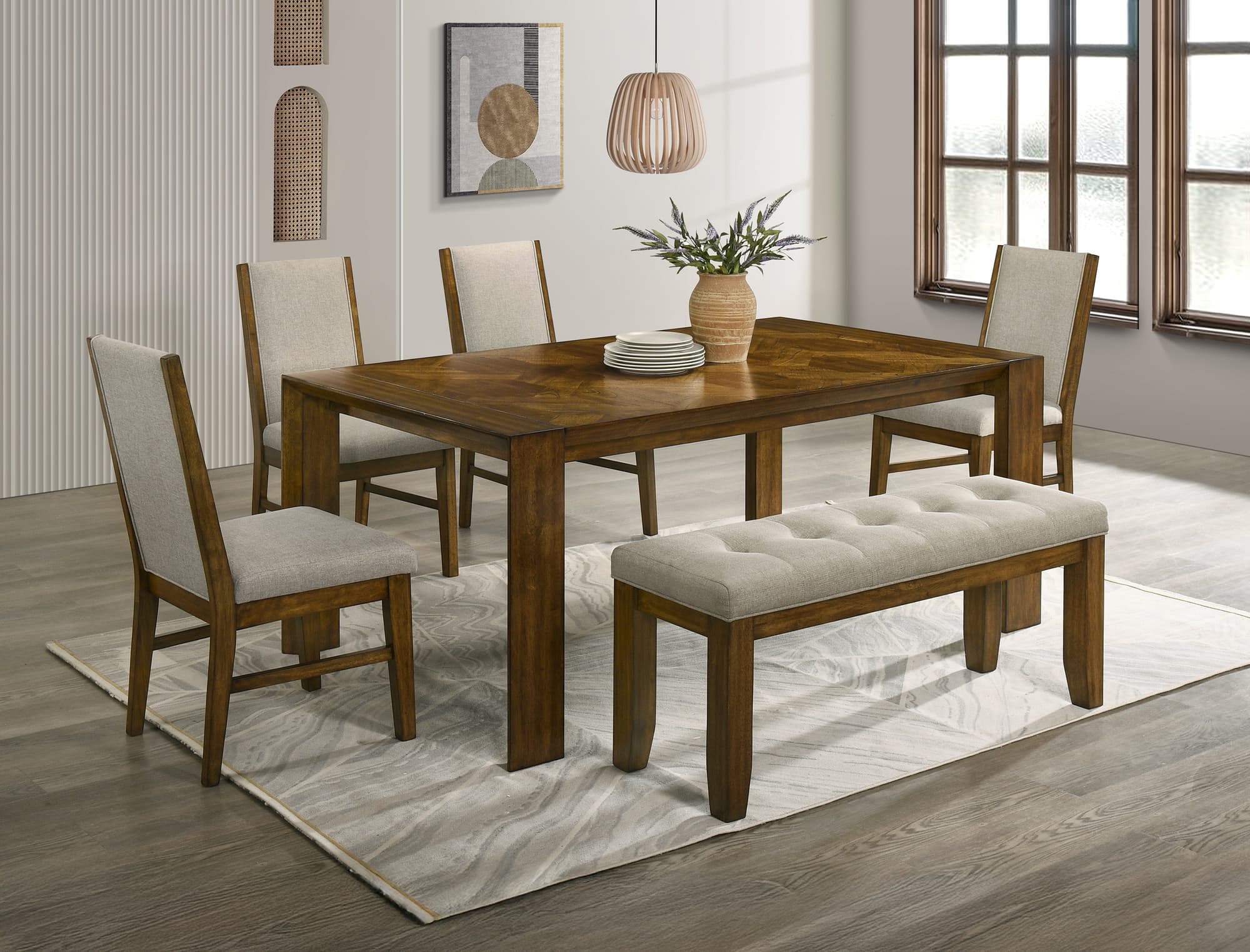 Hollister Brown Gray Upholstered Extendable Dining Room Set - Image 1