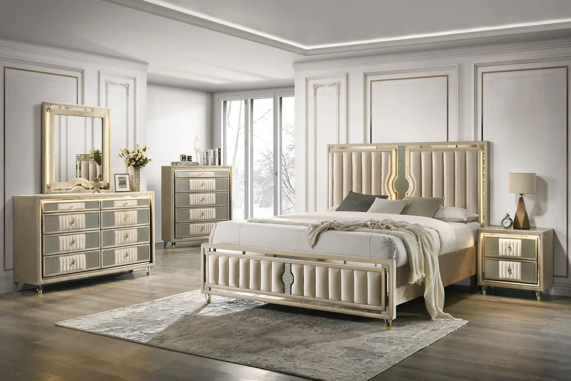 Venetian Champagne Upholstered LED Platform Bedroom Set - Image 1