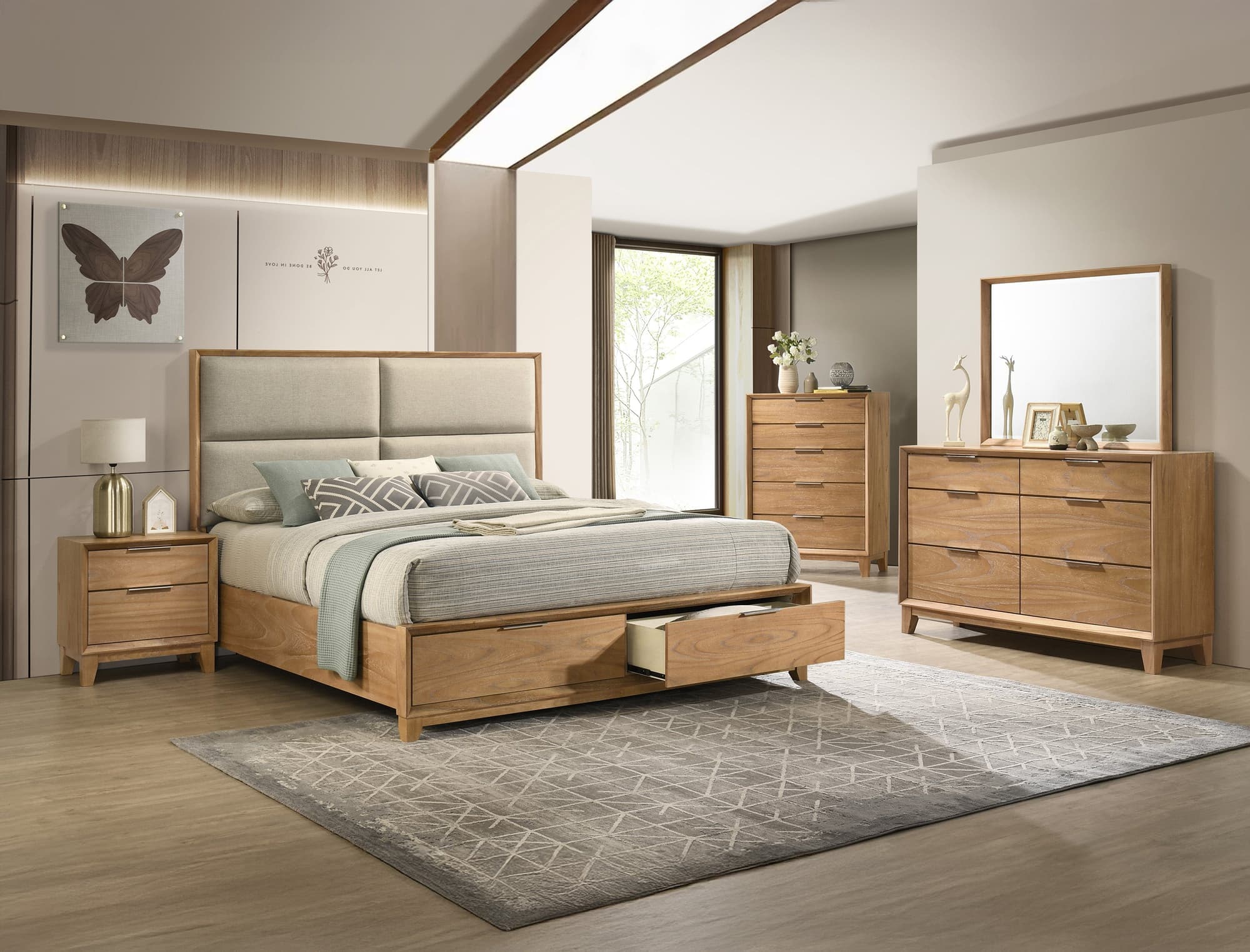 Florian Light Brown Upholstered Storage Platform Bedroom Set - Image 1