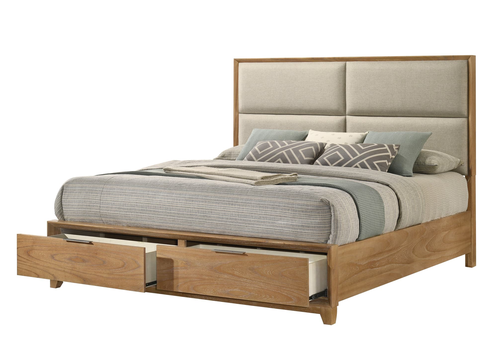 Florian Light Brown Upholstered Storage Platform Queen Bed - Image 1