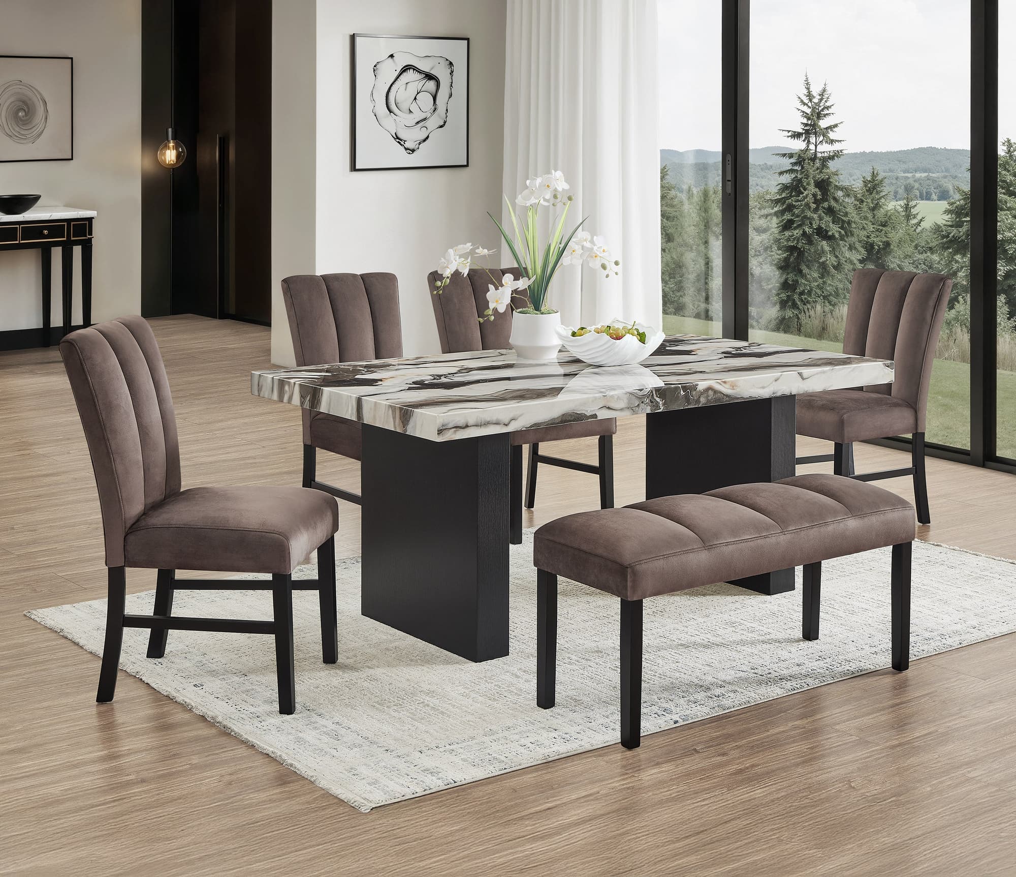 Vega Brown Black Faux Marble Dining Room Set - Image 1