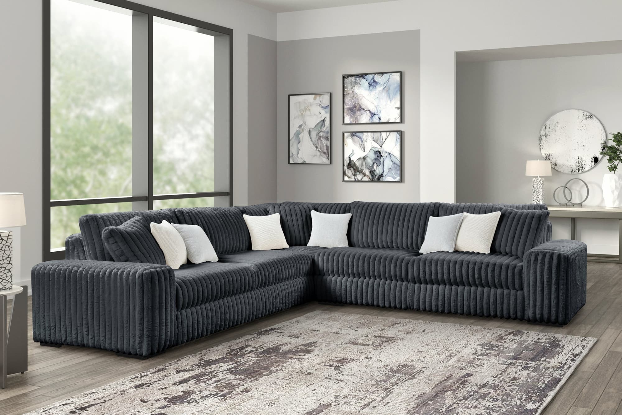 Marshmallow Charcoal Corduroy Fabric Oversized Sectional - Image 1