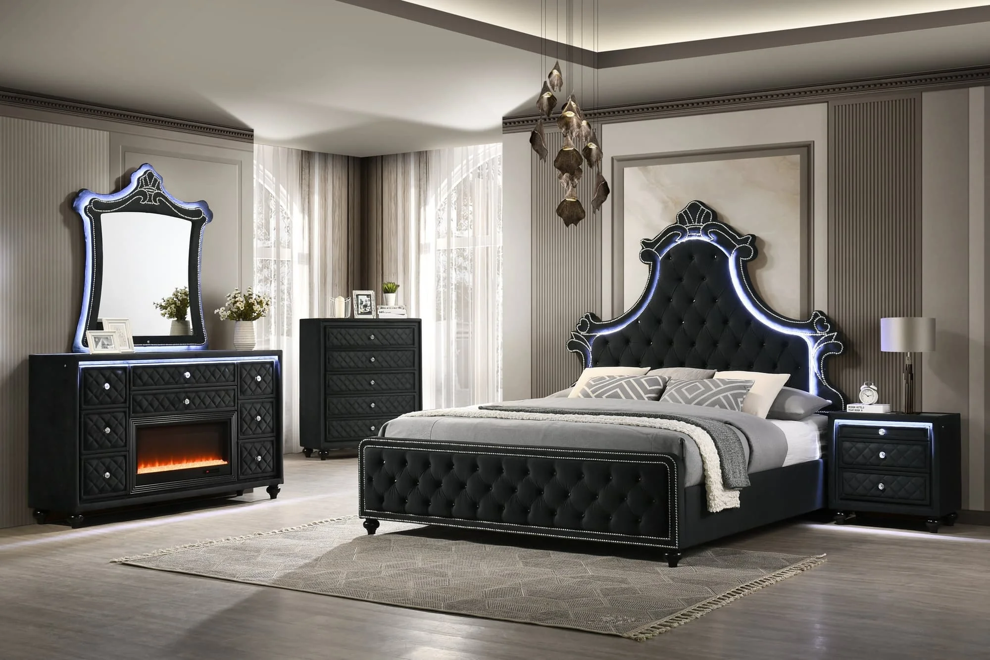 Majesty Black Upholstered Tufted LED Panel Bedroom Set
