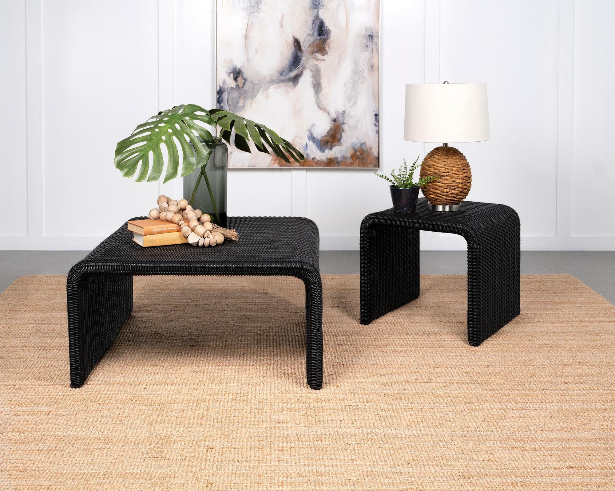 Cahya 2-piece Rattan Coffee and End Table Set Black - Image 1