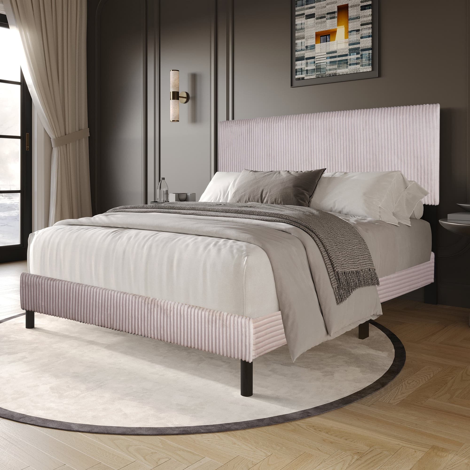 Helen Beige Cord Fabric Platform Queen Bed - Image 1