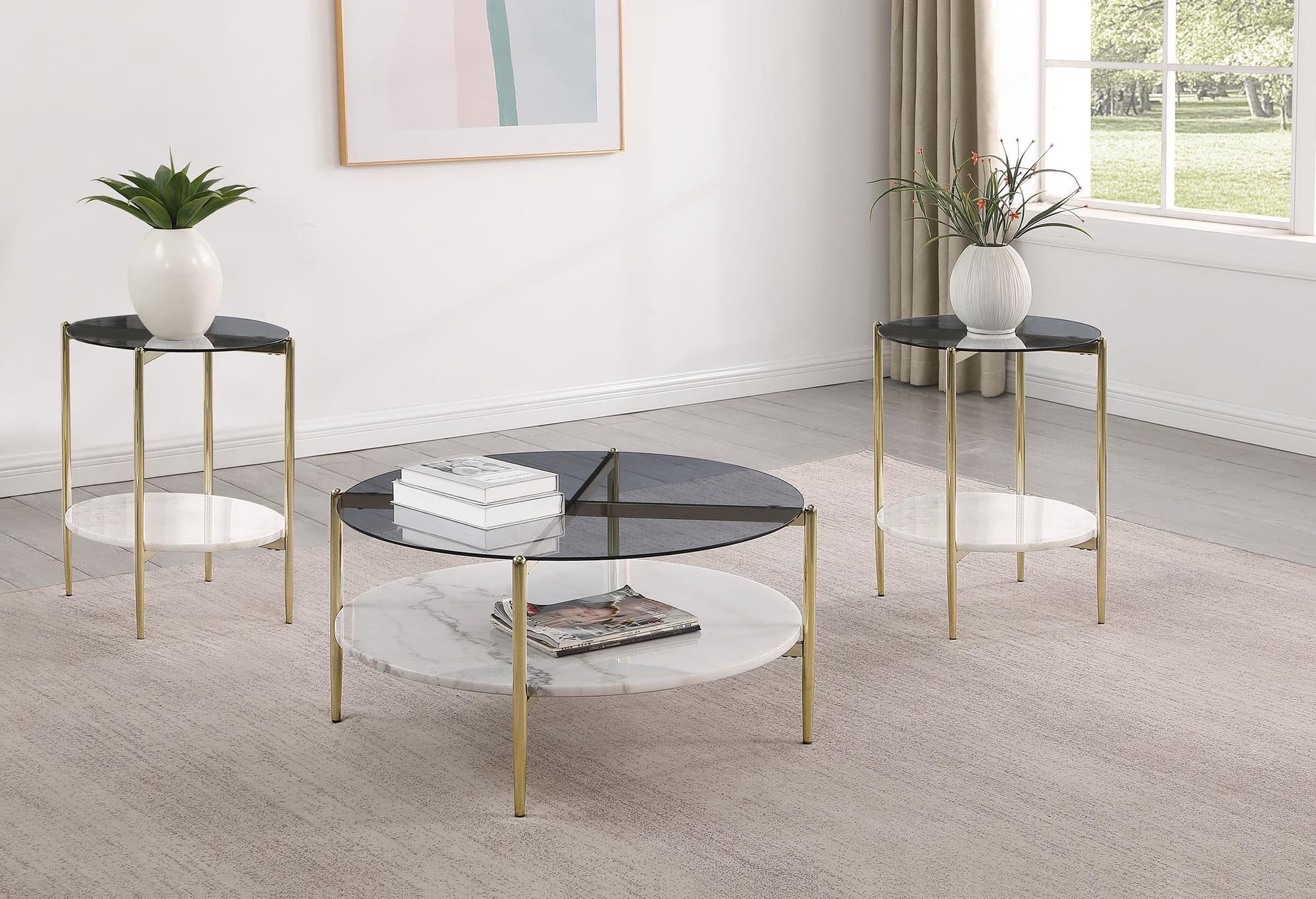 Jonelle 3-piece Round Coffee and End Table Set Gold - Image 1