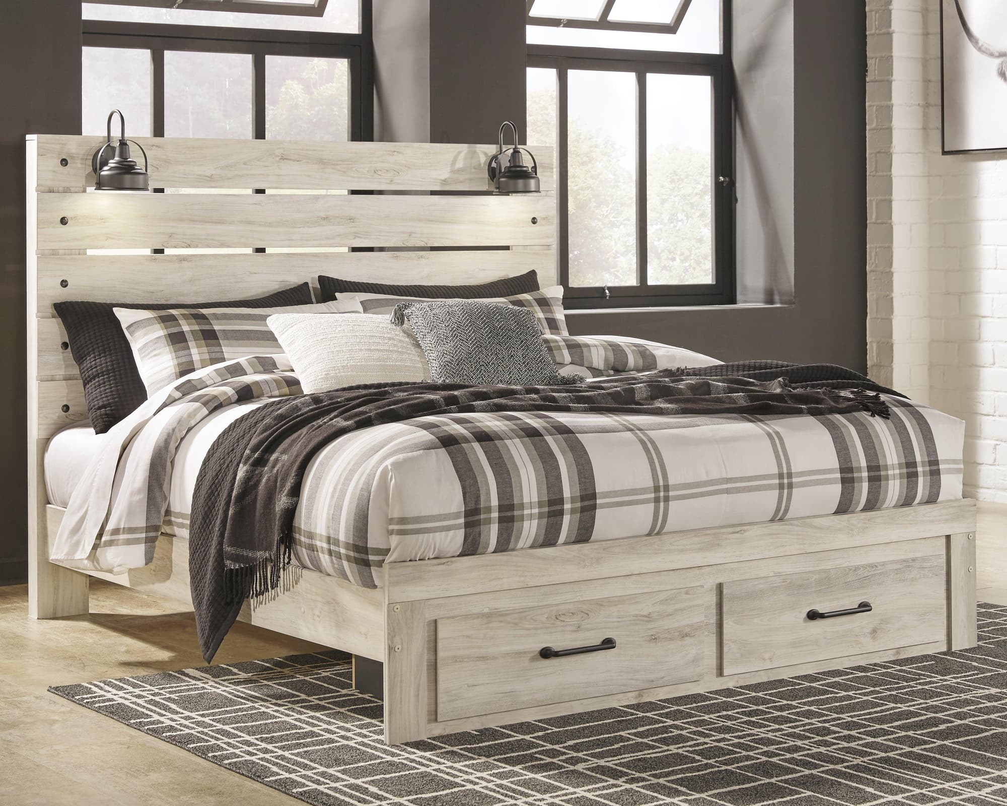 Cambeck Whitewash King Panel Bed With 2 Storage Drawers - Image 1