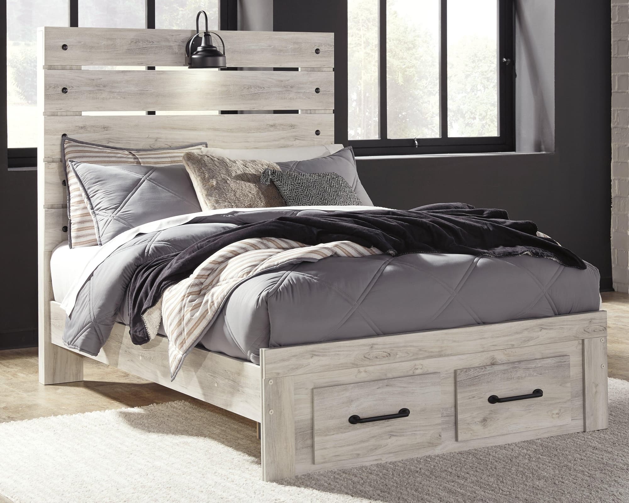 Cambeck Whitewash Full Panel Bed With 2 Storage Drawers - Image 1