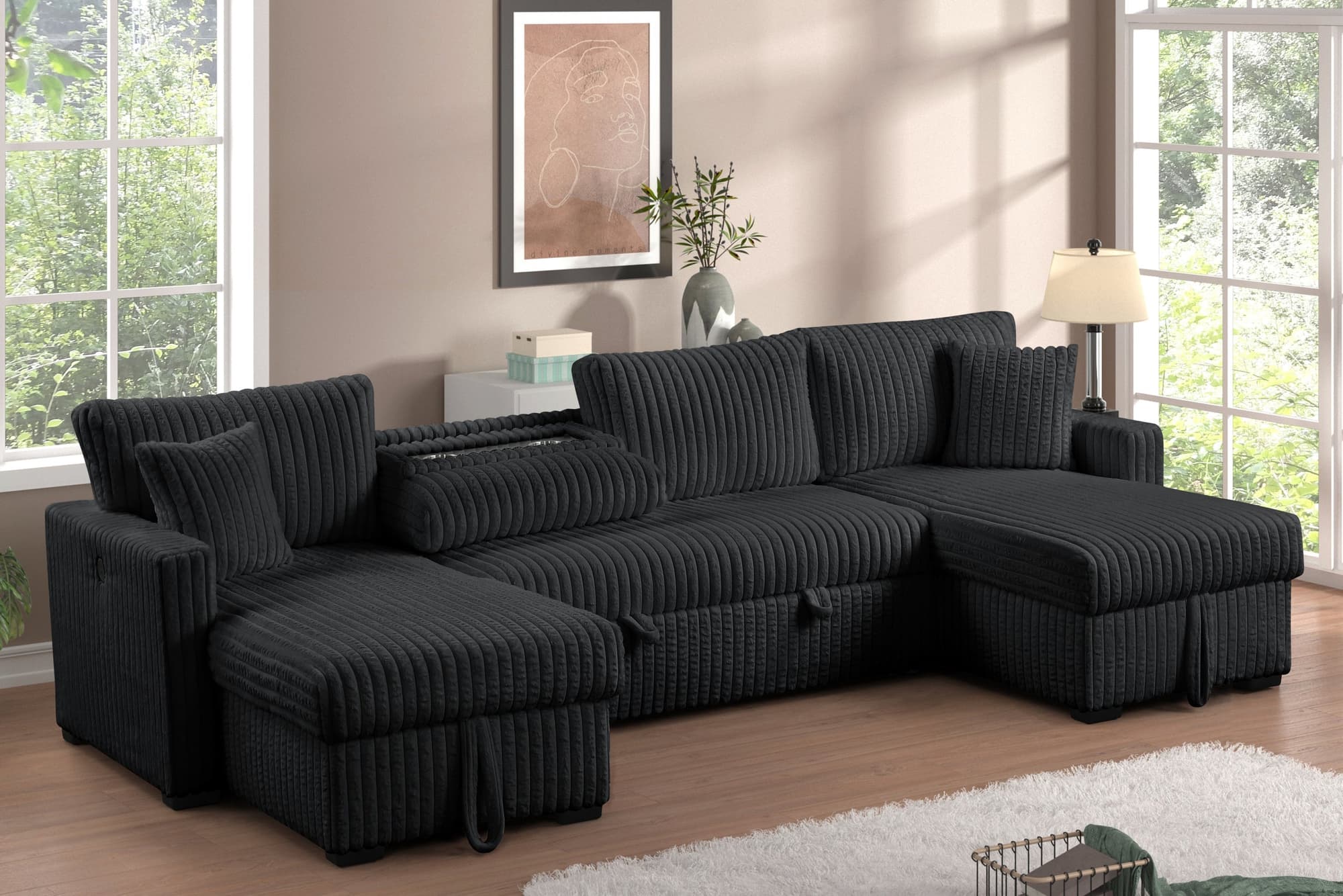 July Black Double Storage Chaise Sectional w Pull Out Bed - Image 1