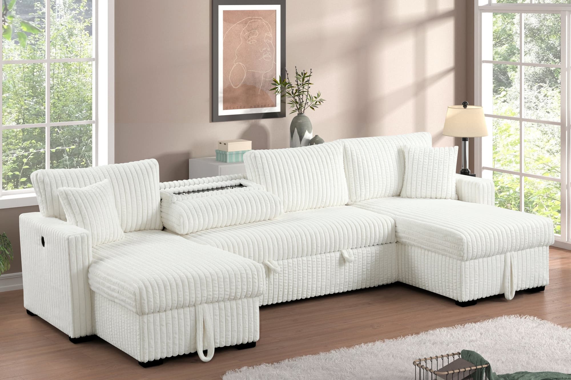 July Beige Double Storage Chaise Sectional w Pull Out Bed - Image 1