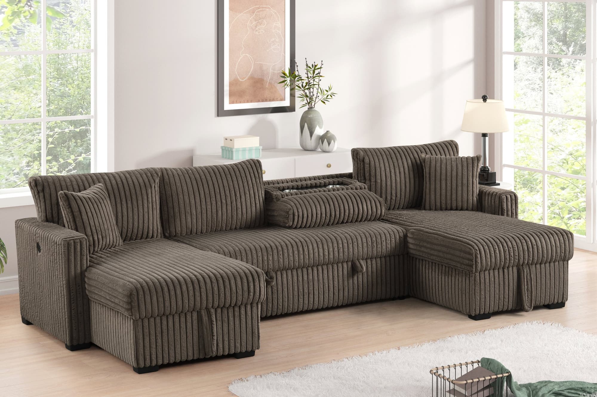 July Mocha Double Storage Chaise Sectional w Pull Out Bed - Image 1