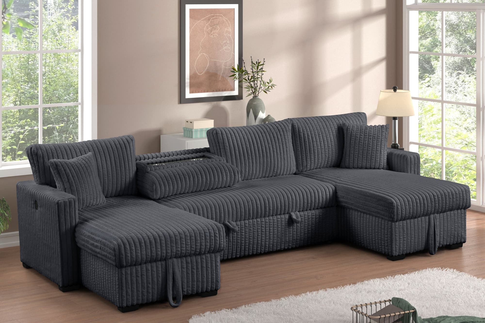 July Charcoal Double Storage Chaise Sectional w Pull Out Bed - Image 1