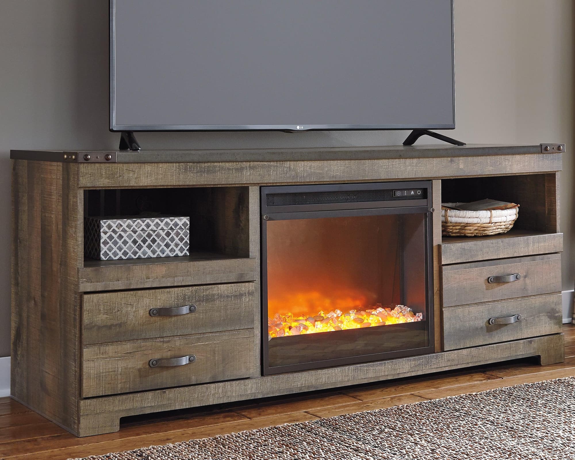 Trinell Brown 63″ Tv Stand With Electric Fireplace