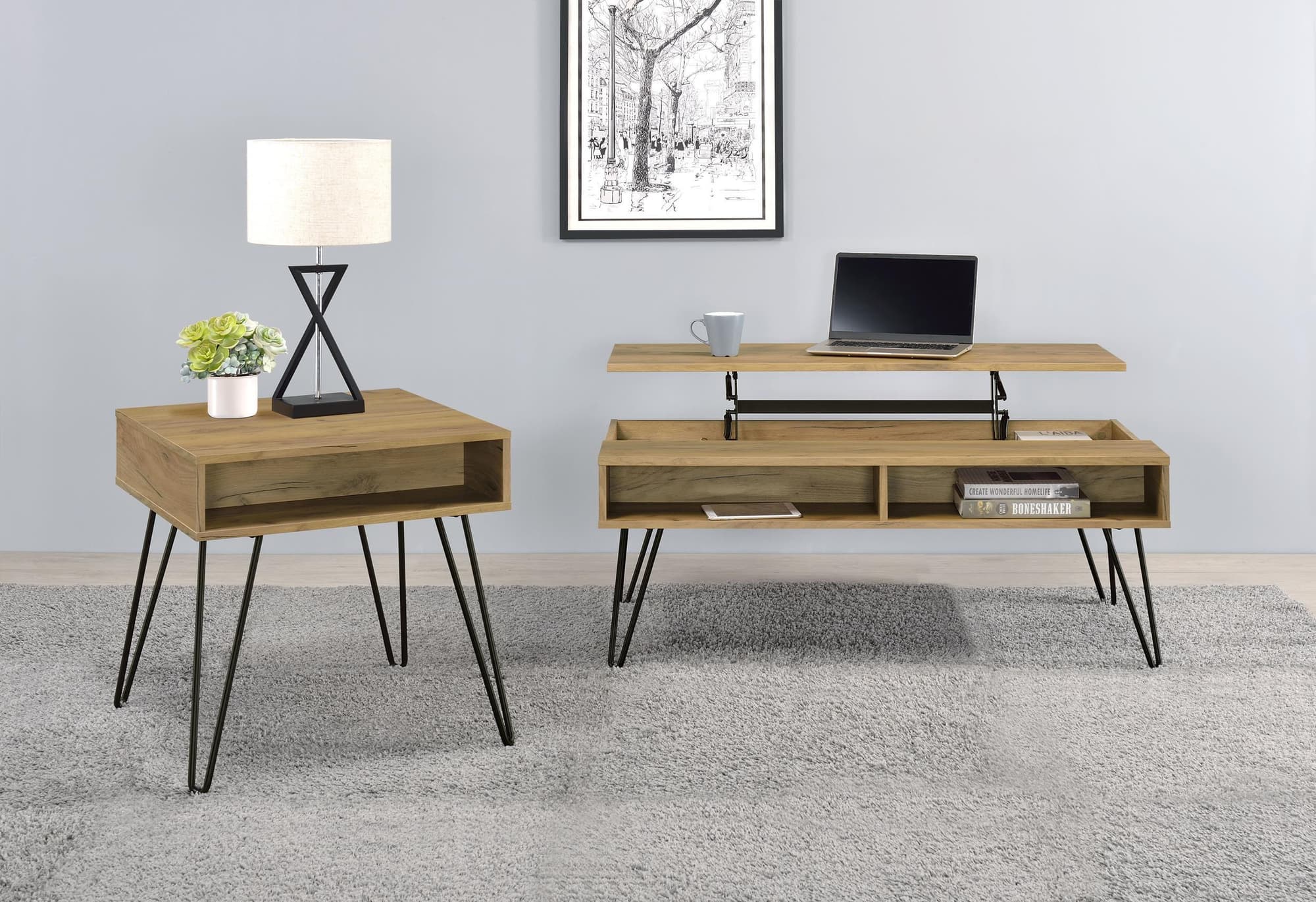 Fanning 2-piece Lift Top Coffee and End Table Set Golden Oak - Image 1
