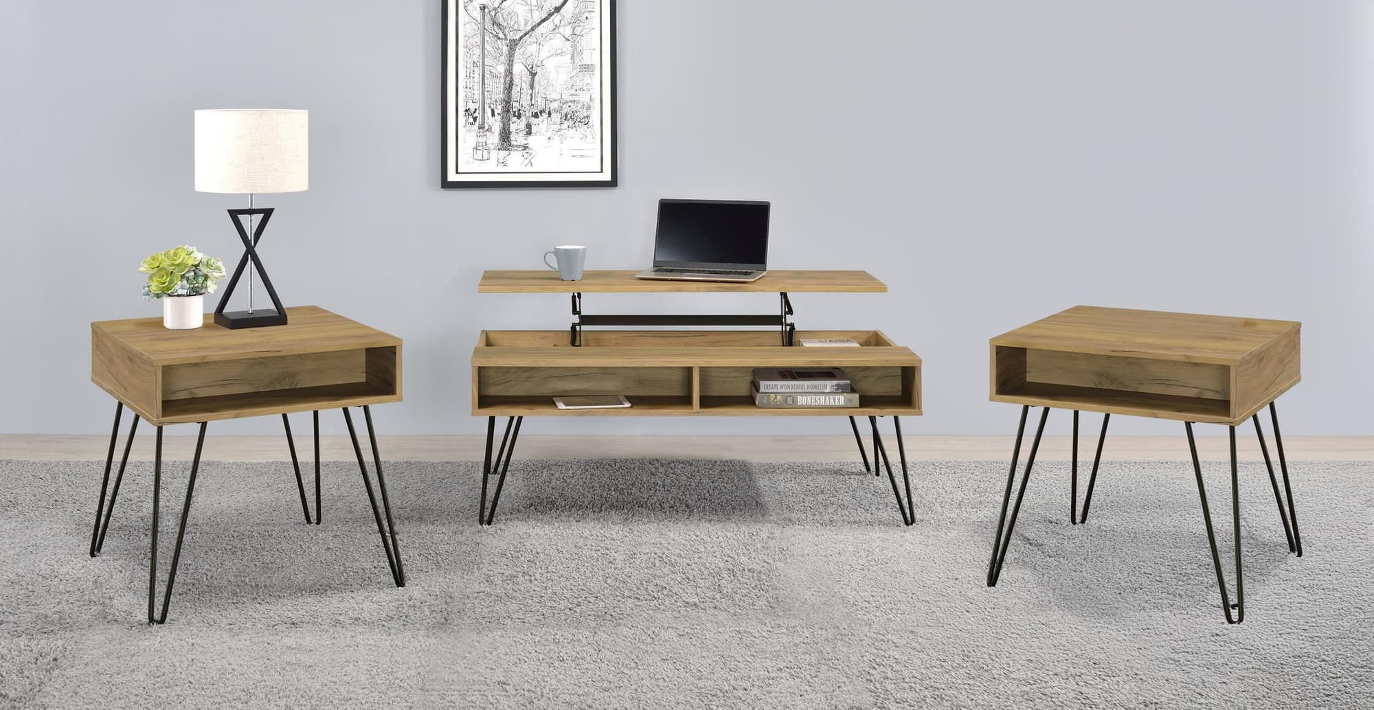 Fanning 3-piece Lift Top Coffee and End Table Set Golden Oak - Image 1