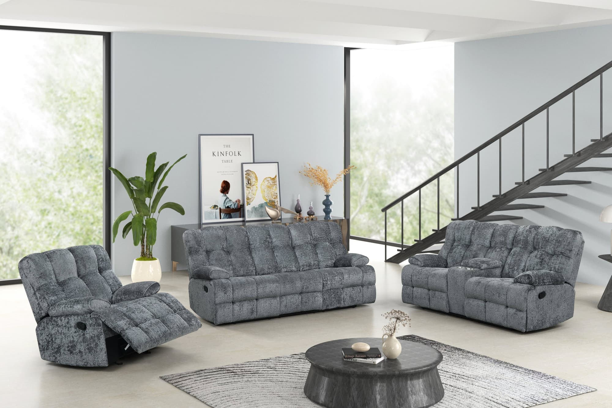 Martina Charcoal Fabric 3-Piece Reclining Set - Image 1