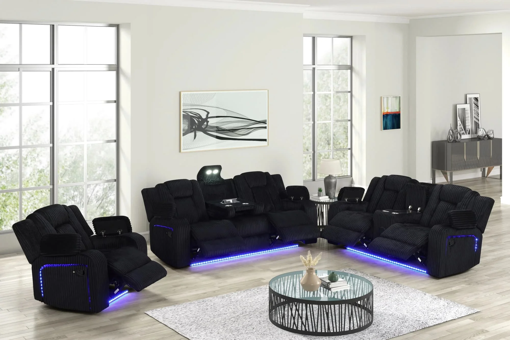 Hulk Black Fabric 3-Piece Reclining Set