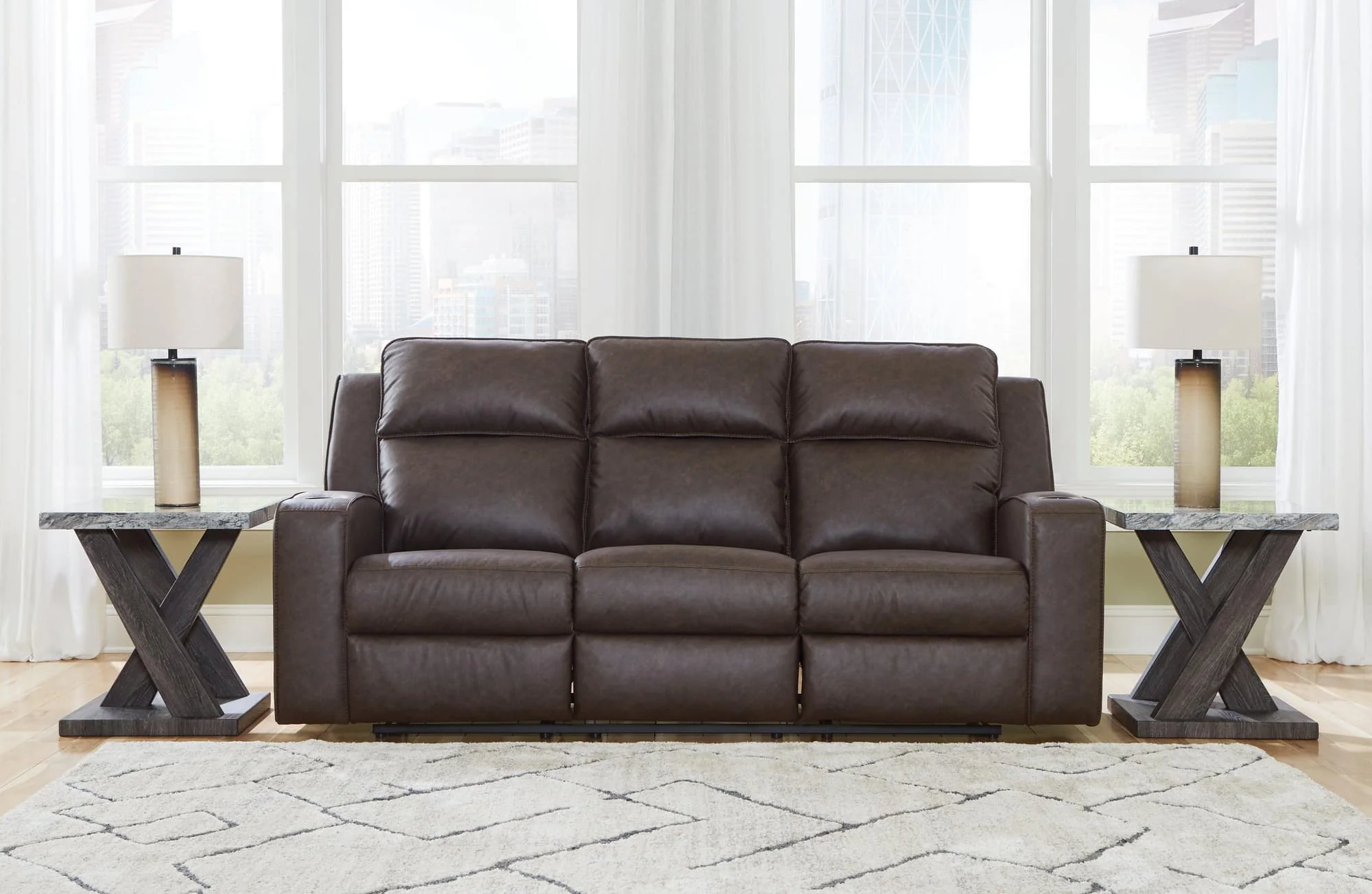 Lavenhorne Granite Faux Leather Reclining Sofa With Drop Down Table - Image 1