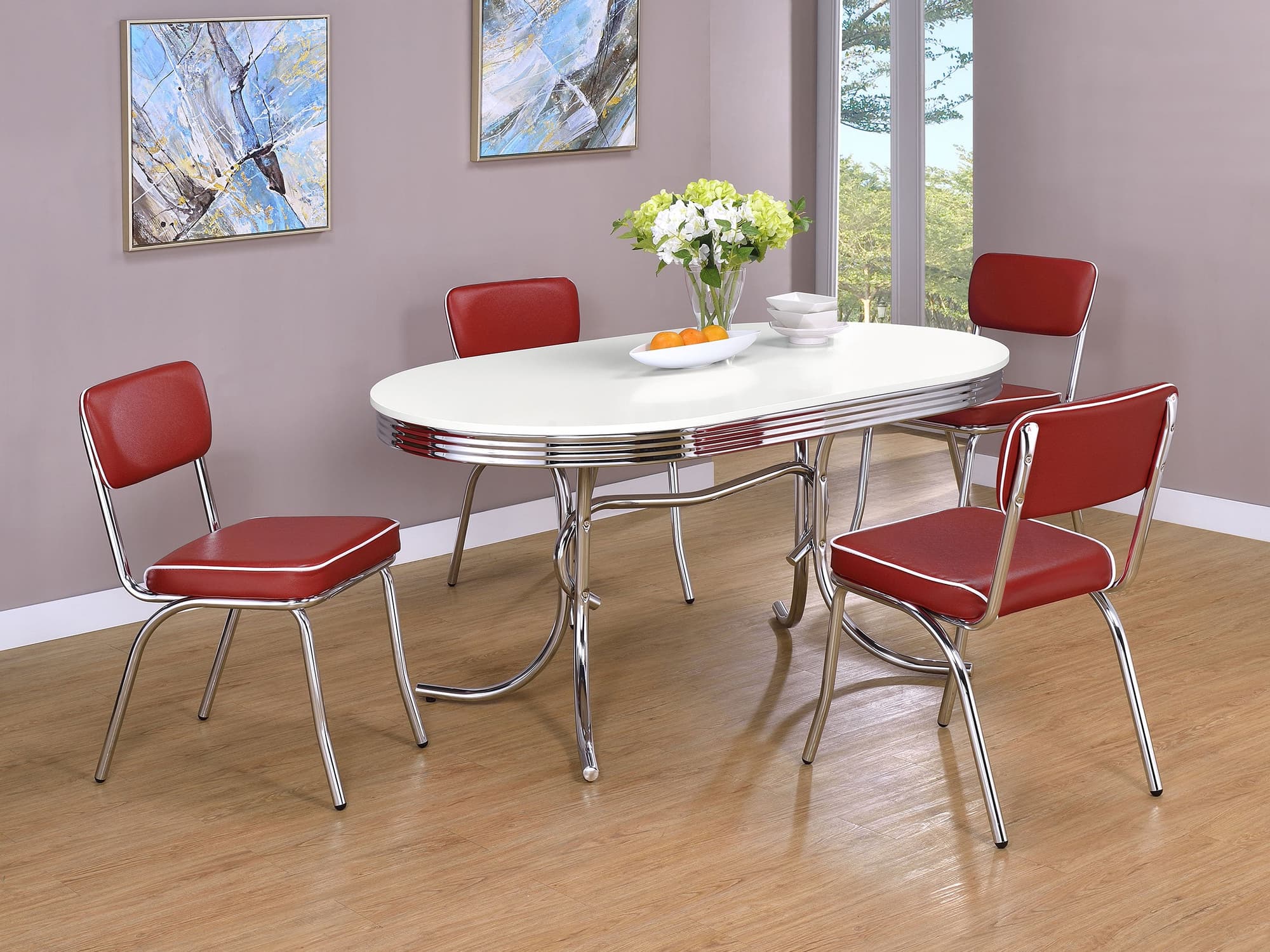 Retro White Red Oval Dining Room Set - Image 1