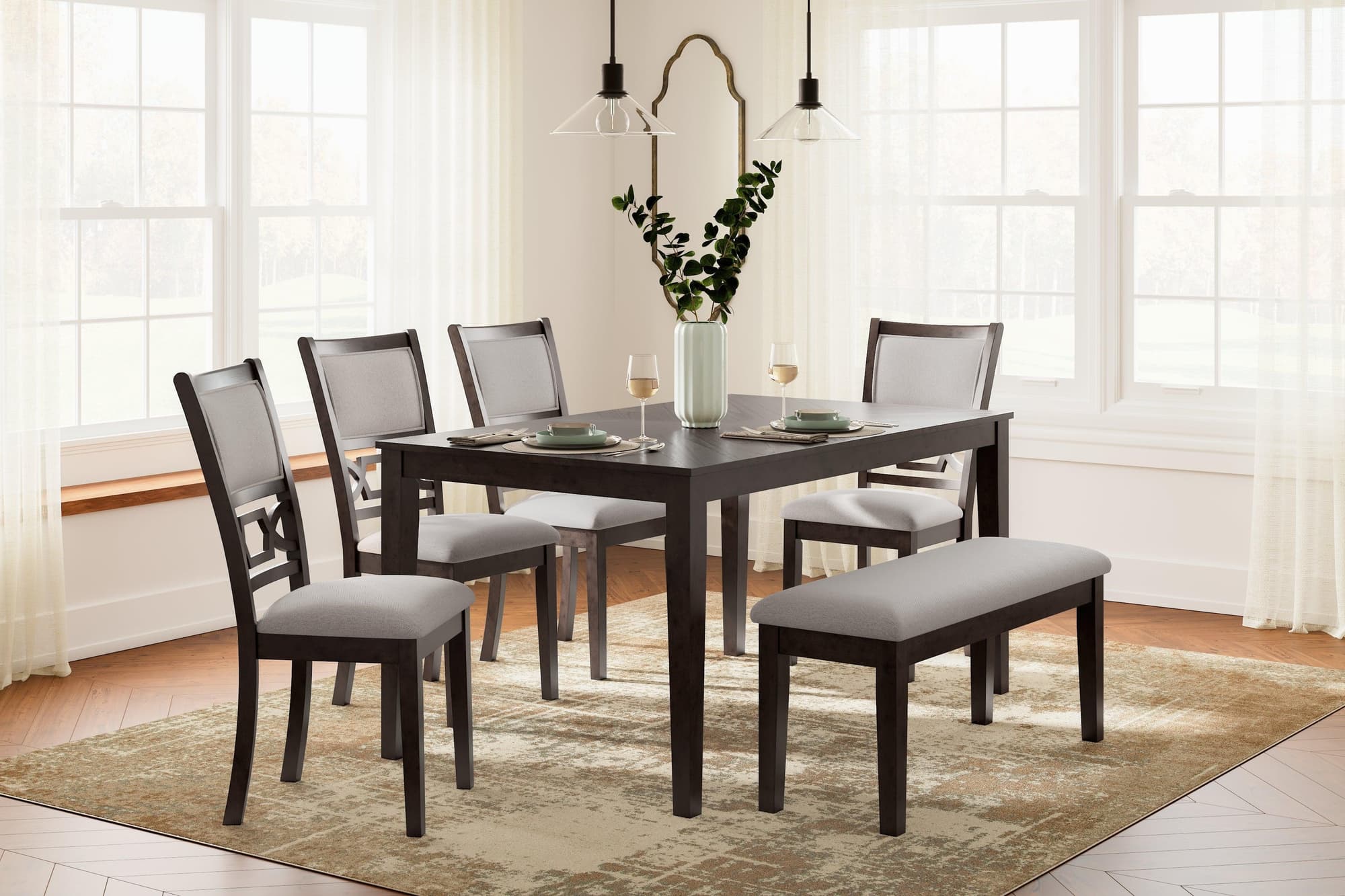 Langwest Brown Dining Table And 4 Chairs Bench (Set of 6) - Image 1