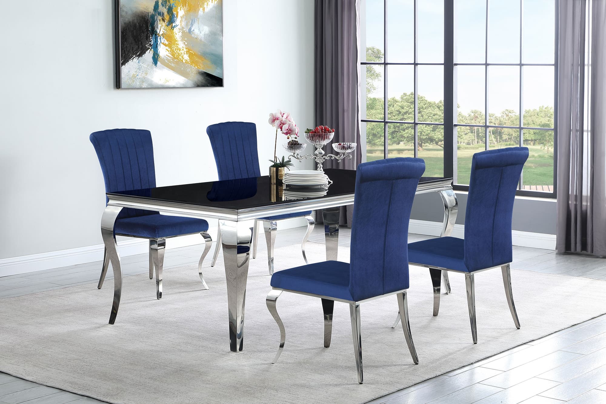 Carone Black Blue 81-inch Rectangular Glass Dining Room Set - Image 1