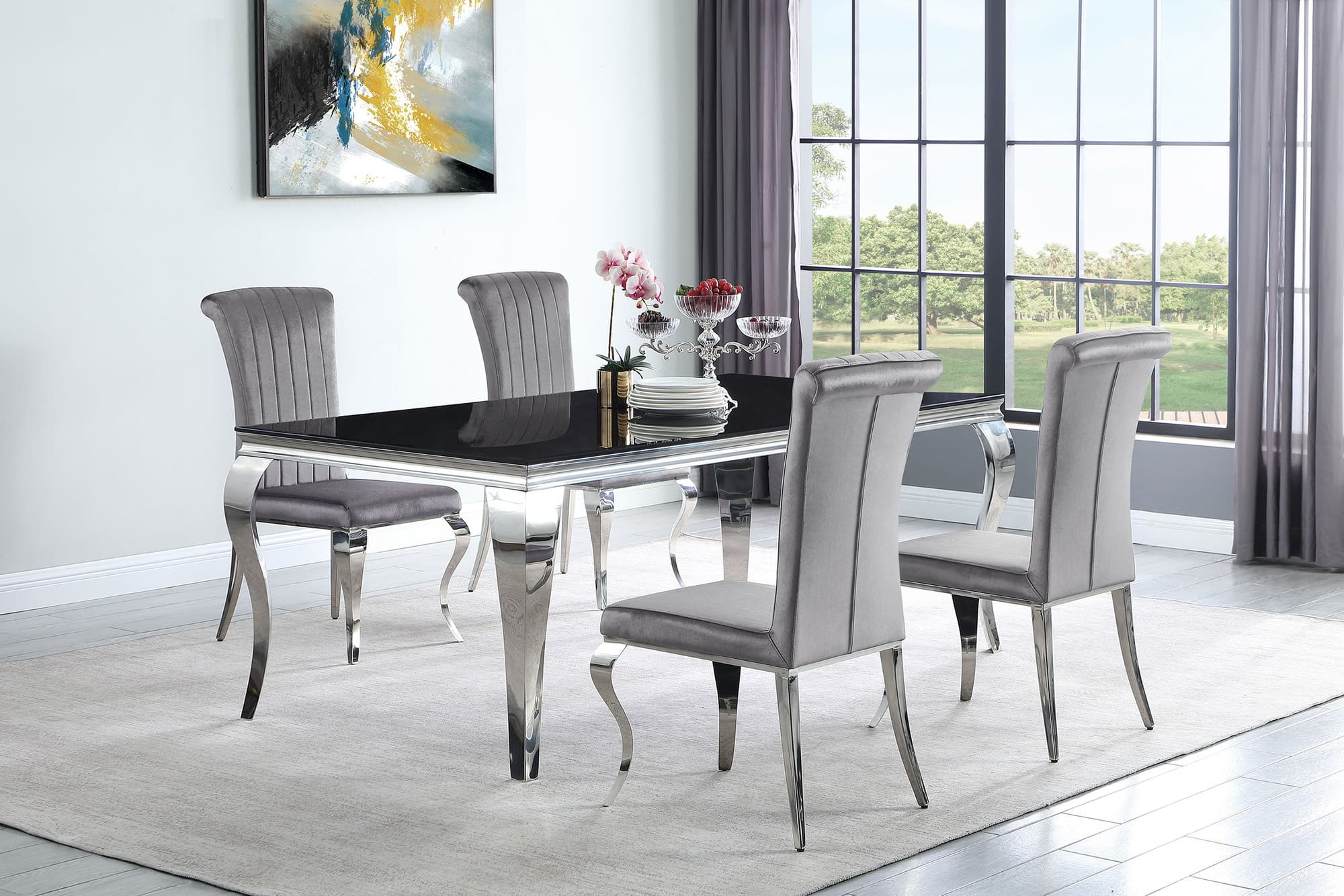 Carone Black Grey 81-inch Rectangular Glass Dining Room Set - Image 1
