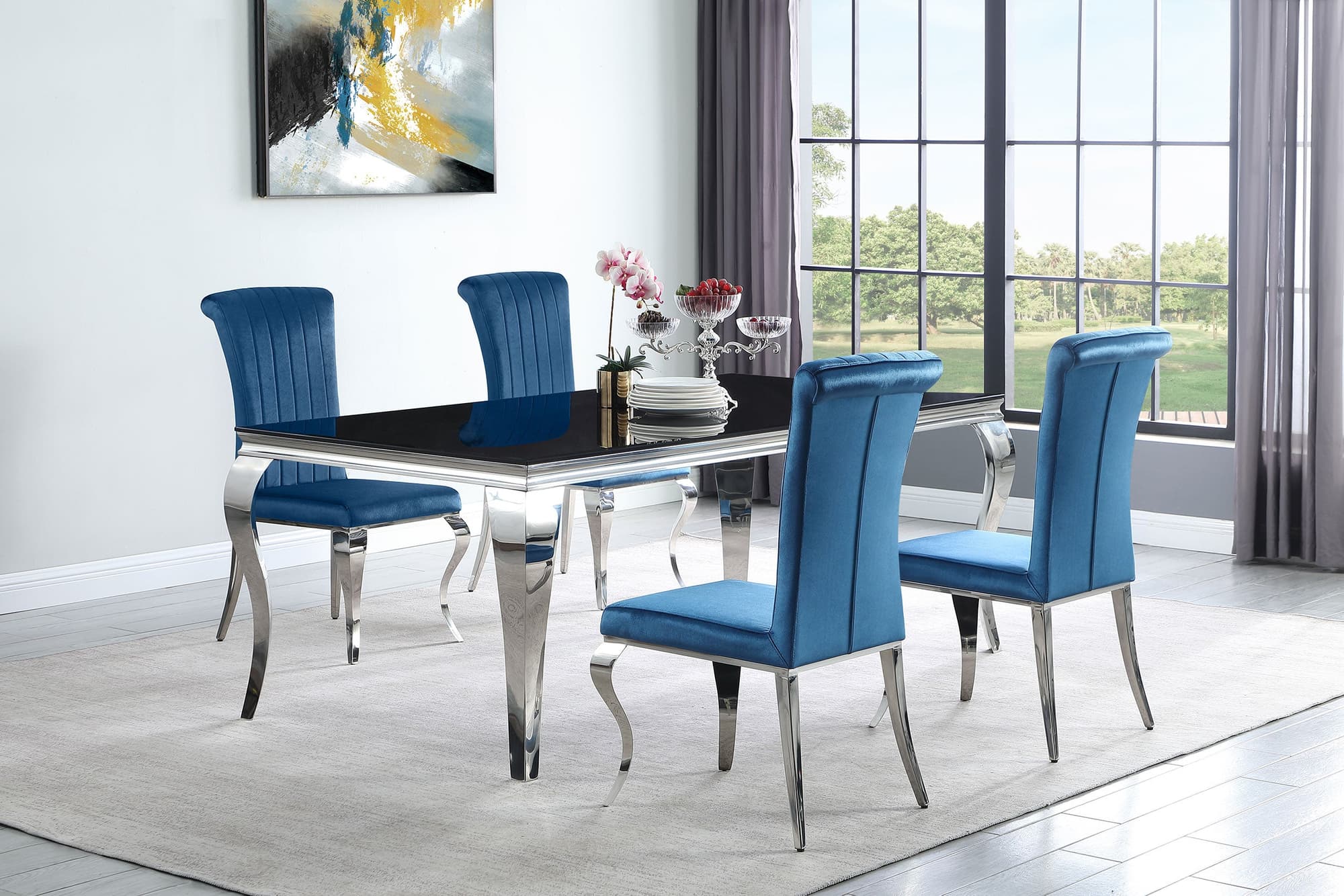 Carone Black Teal 81-inch Rectangular Glass Dining Room Set - Image 1