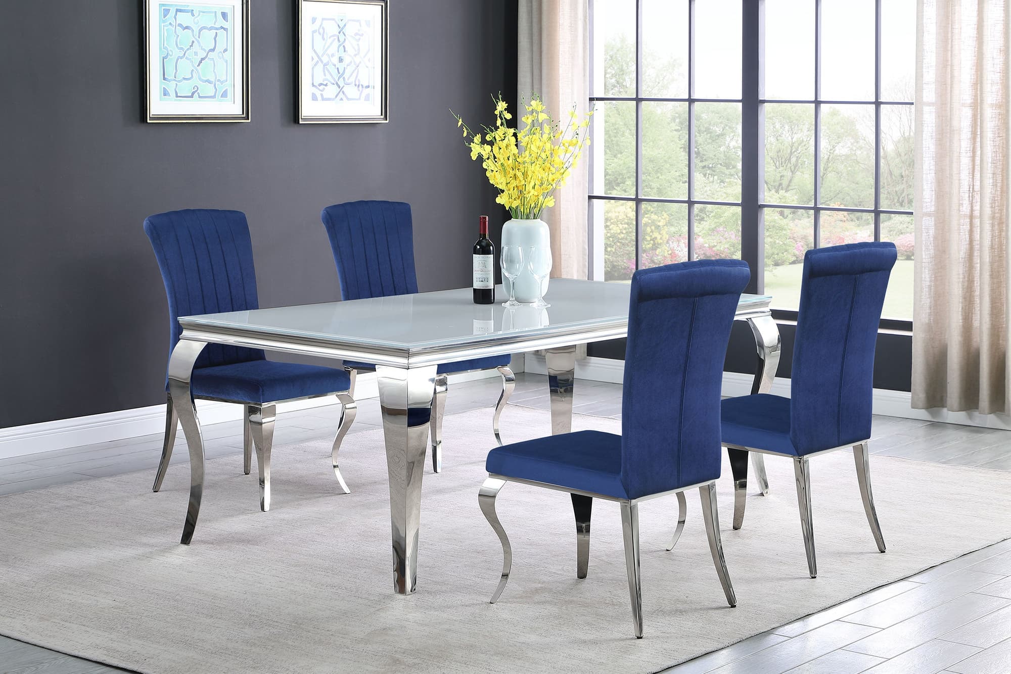 Carone White Blue 81-inch Rectangular Glass Dining Room Set - Image 1