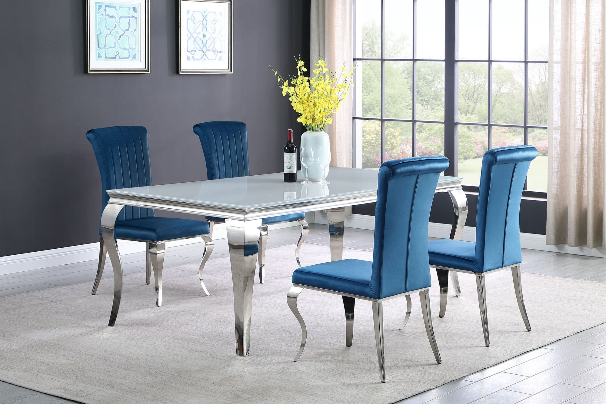 Carone White Teal 81-inch Rectangular Glass Dining Room Set - Image 1