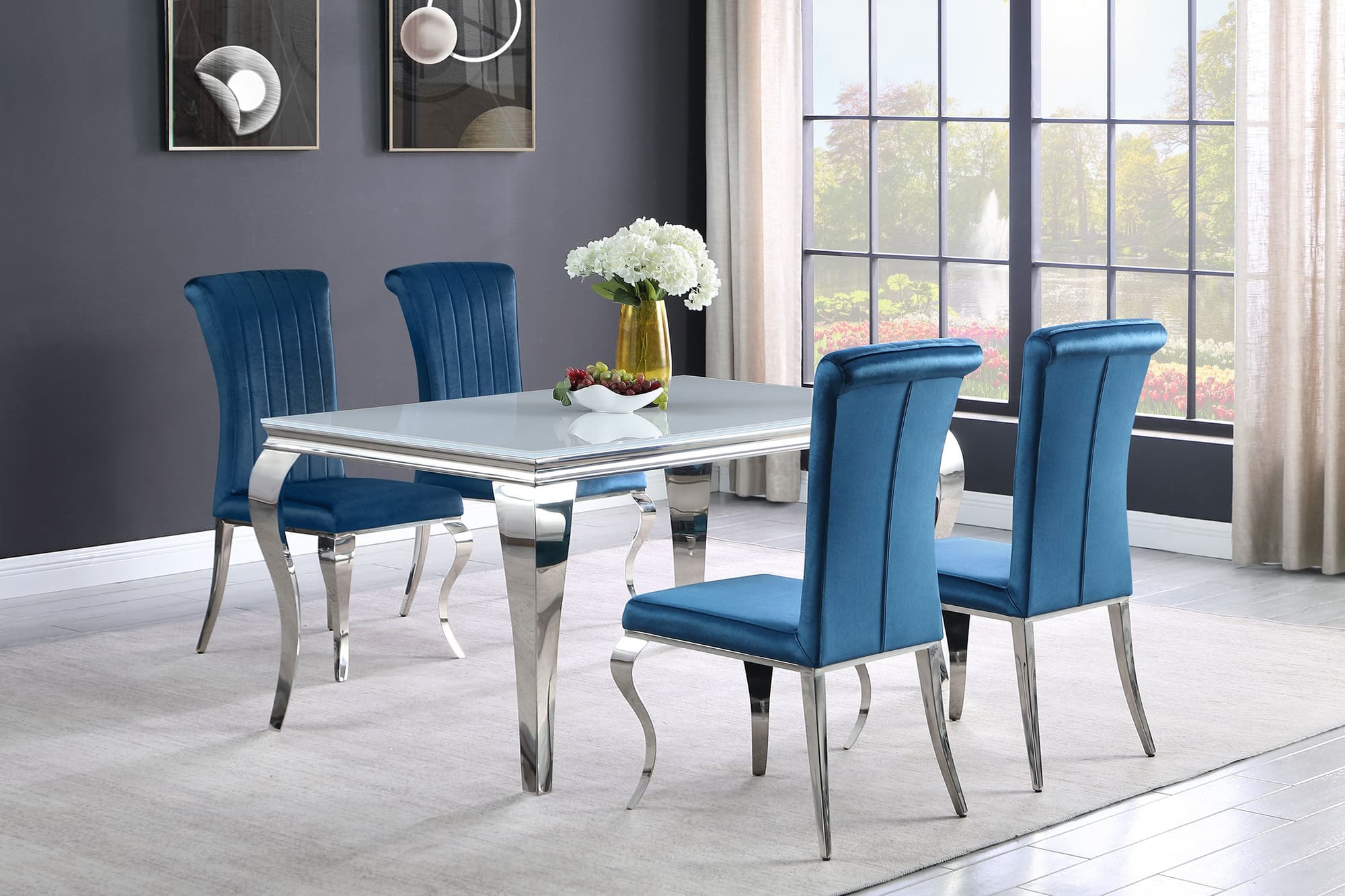 Carone White Teal II 81-inch Rectangular Glass Dining Room Set - Image 1