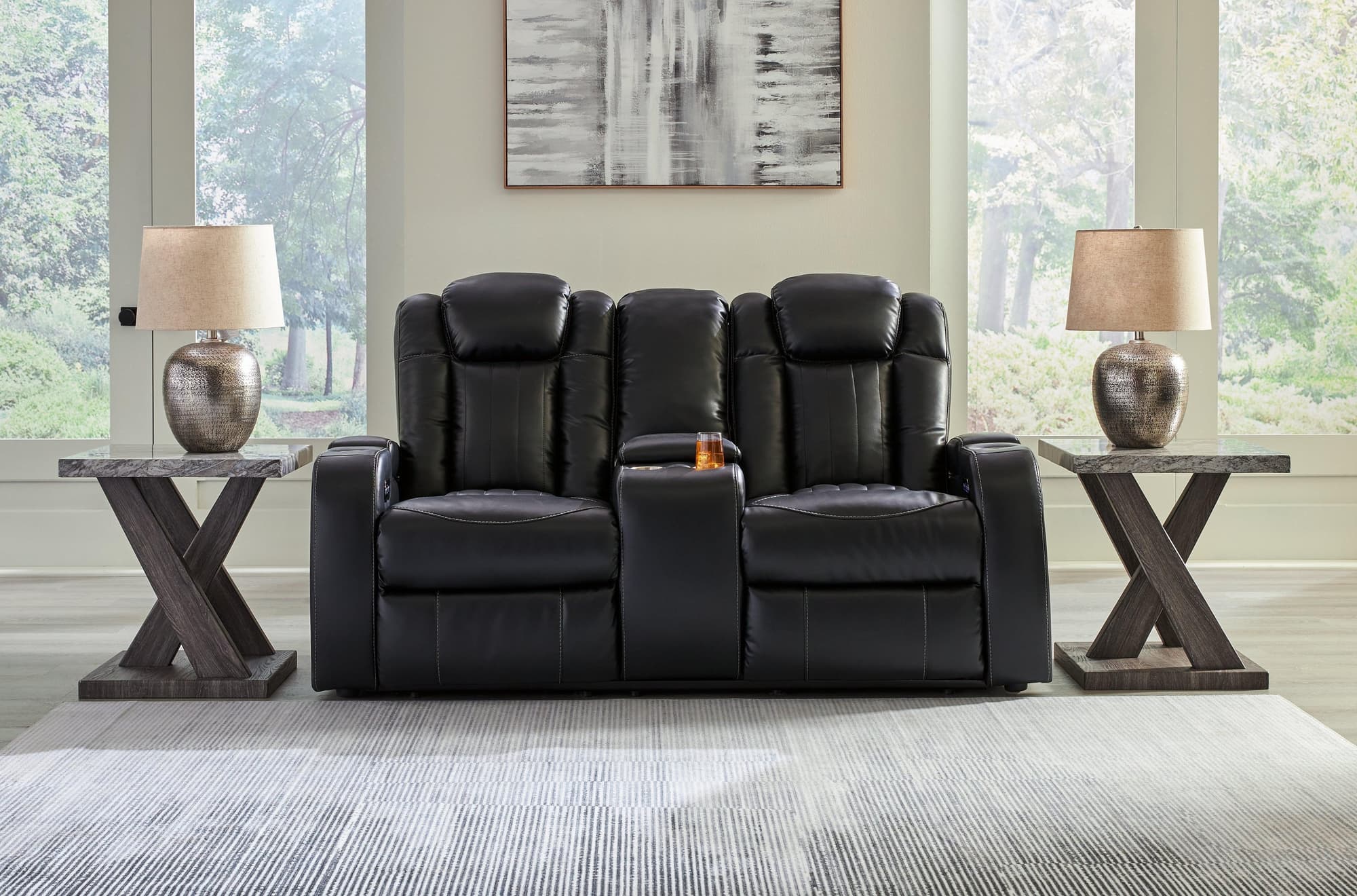 Caveman Den Midnight Faux Leather Power Reclining Loveseat With Console - Image 1