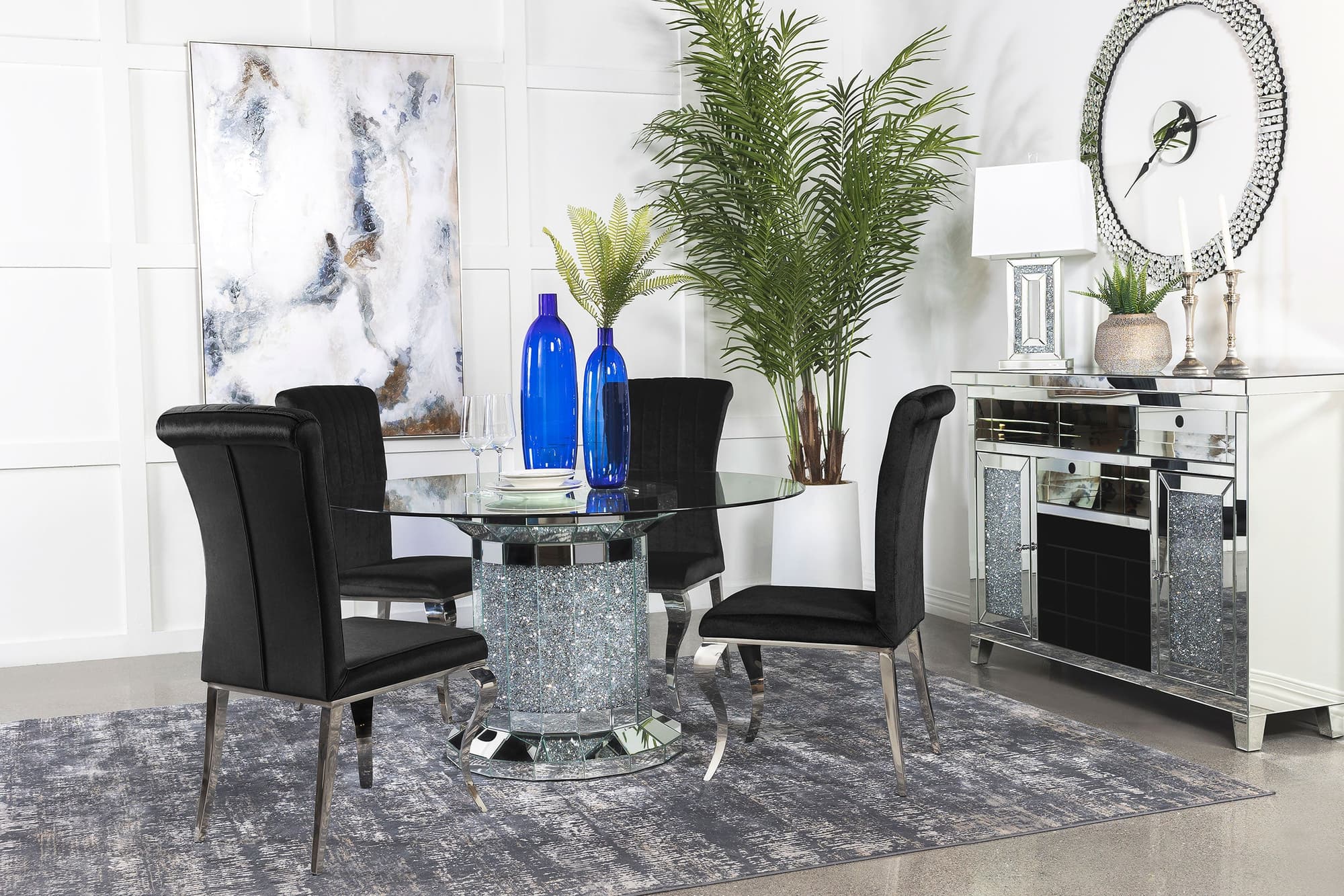 Ellie Black Mirrored Pedestal Dining Room Set - Image 1