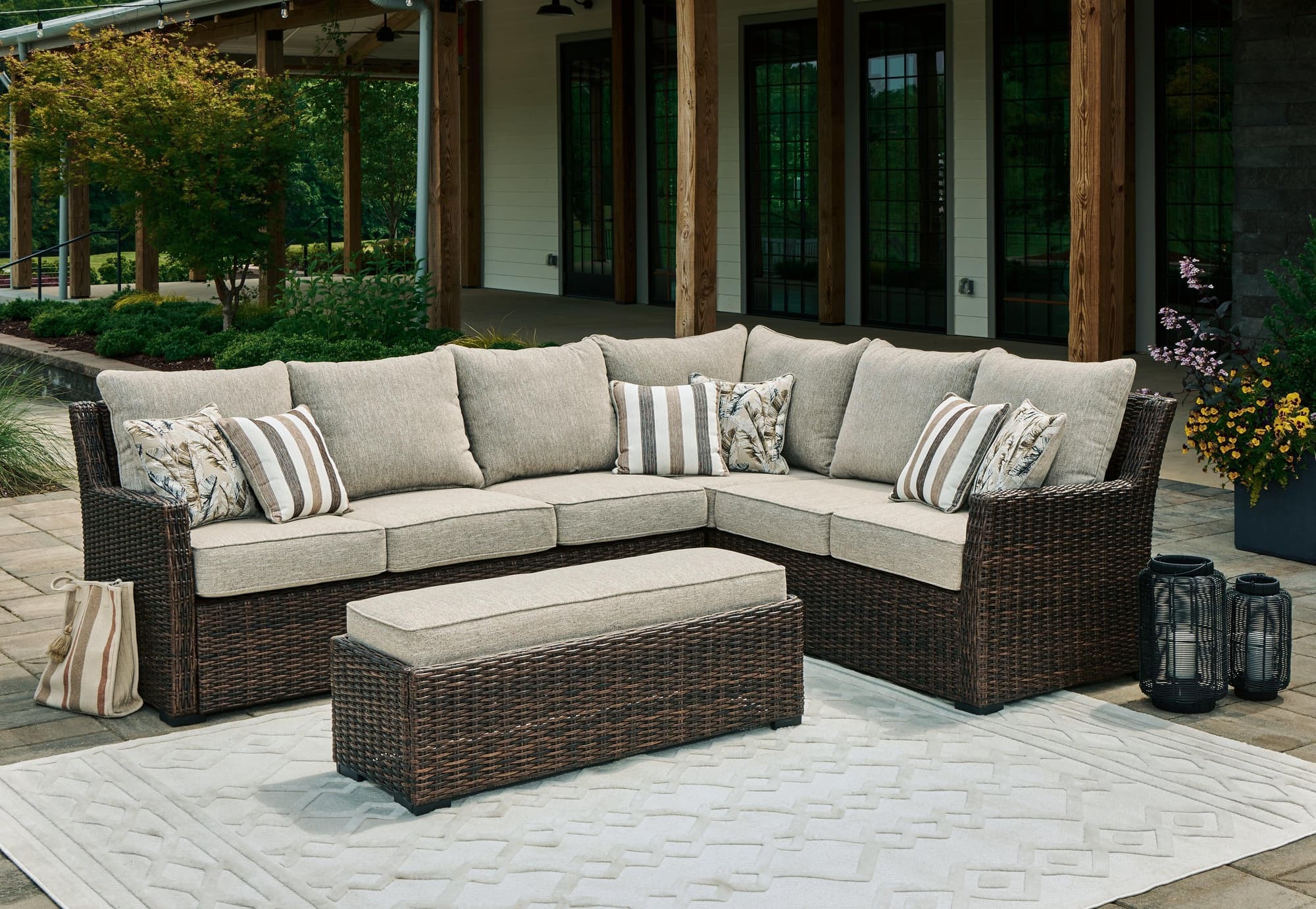 Brook Ranch Brown Outdoor Sofa Sectional Bench With Cushion (Set of 3) - Image 1