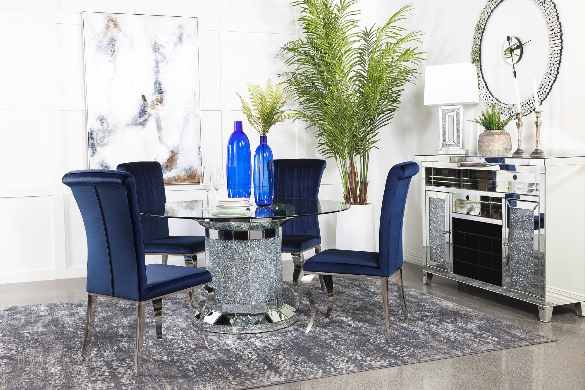 Ellie Ink Blue Mirrored Pedestal Dining Room Set - Image 1