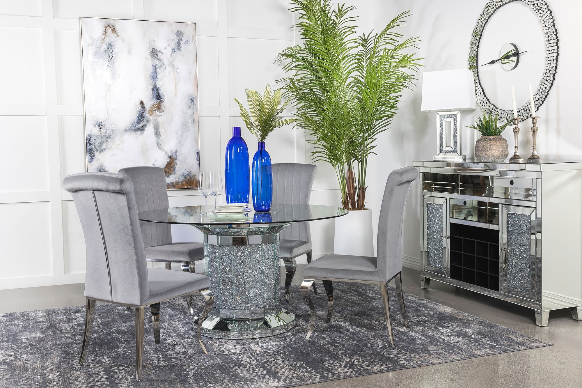 Ellie Grey Mirrored Pedestal Dining Room Set - Image 1