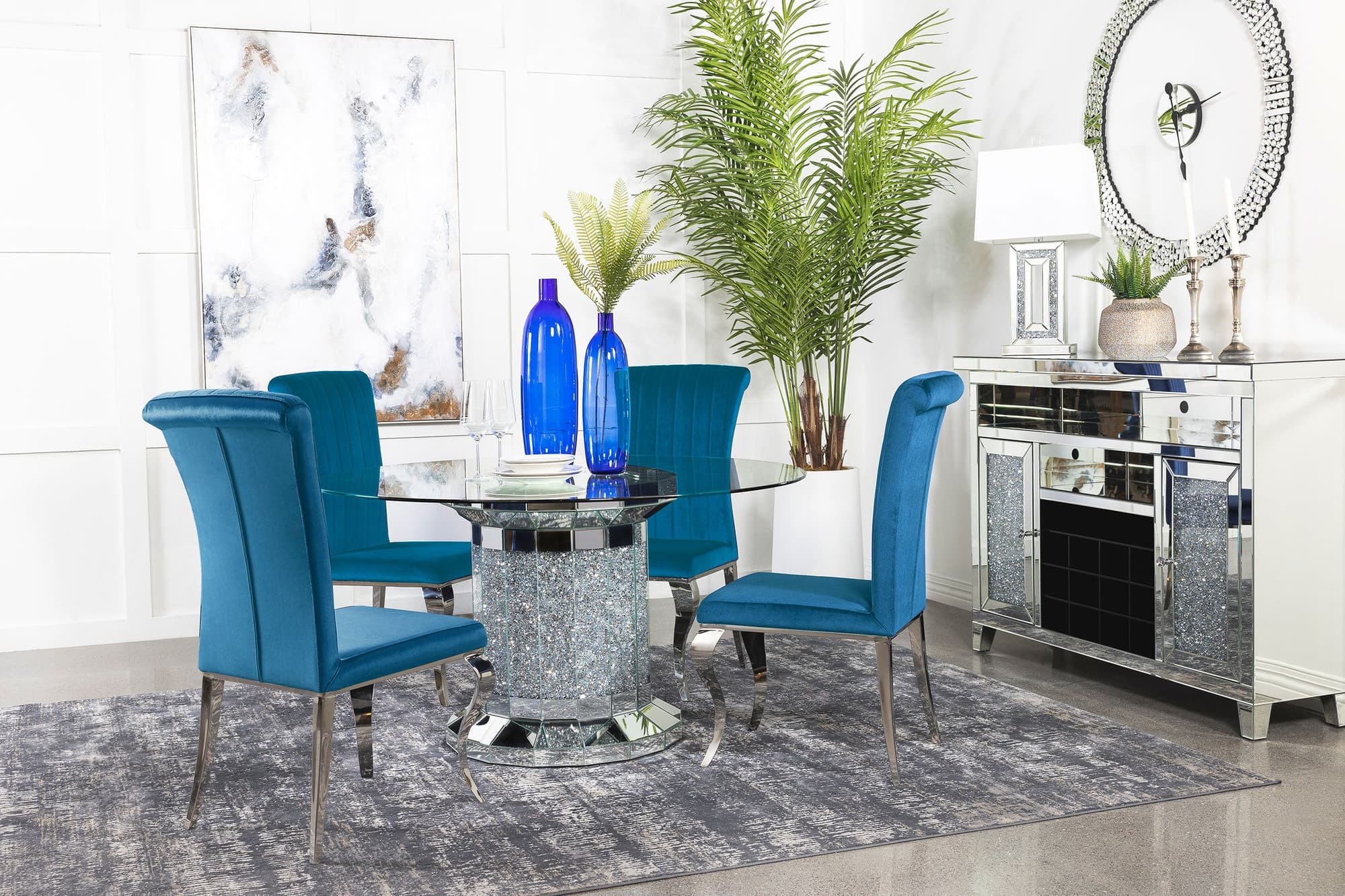 Ellie Teal Mirrored Pedestal Dining Room Set - Image 1