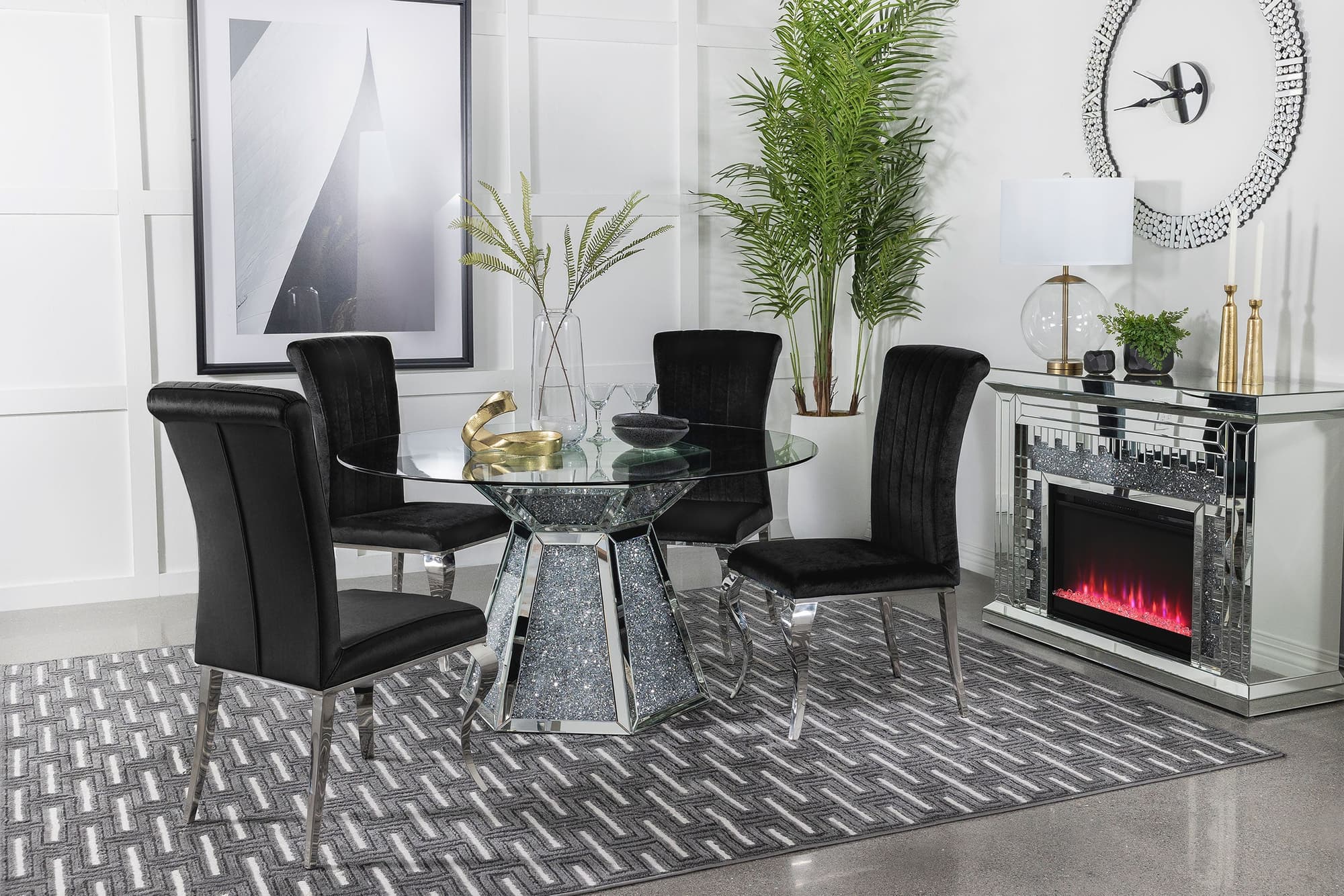 Quinn Black Round Glass Top Mirrored Dining Room Set - Image 1
