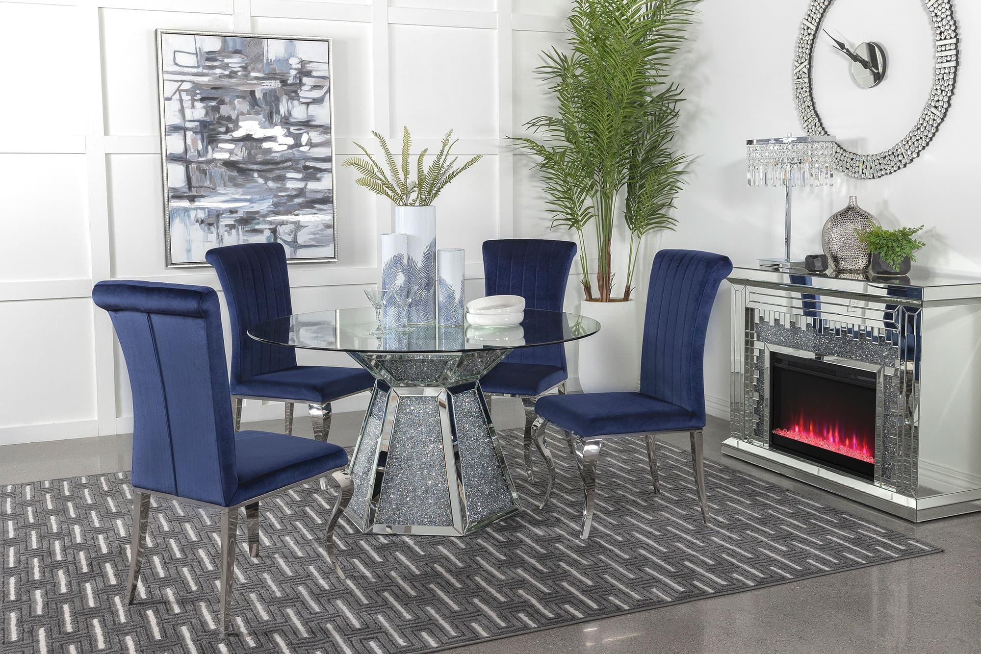 Quinn Ink Blue Round Glass Top Mirrored Dining Room Set - Image 1