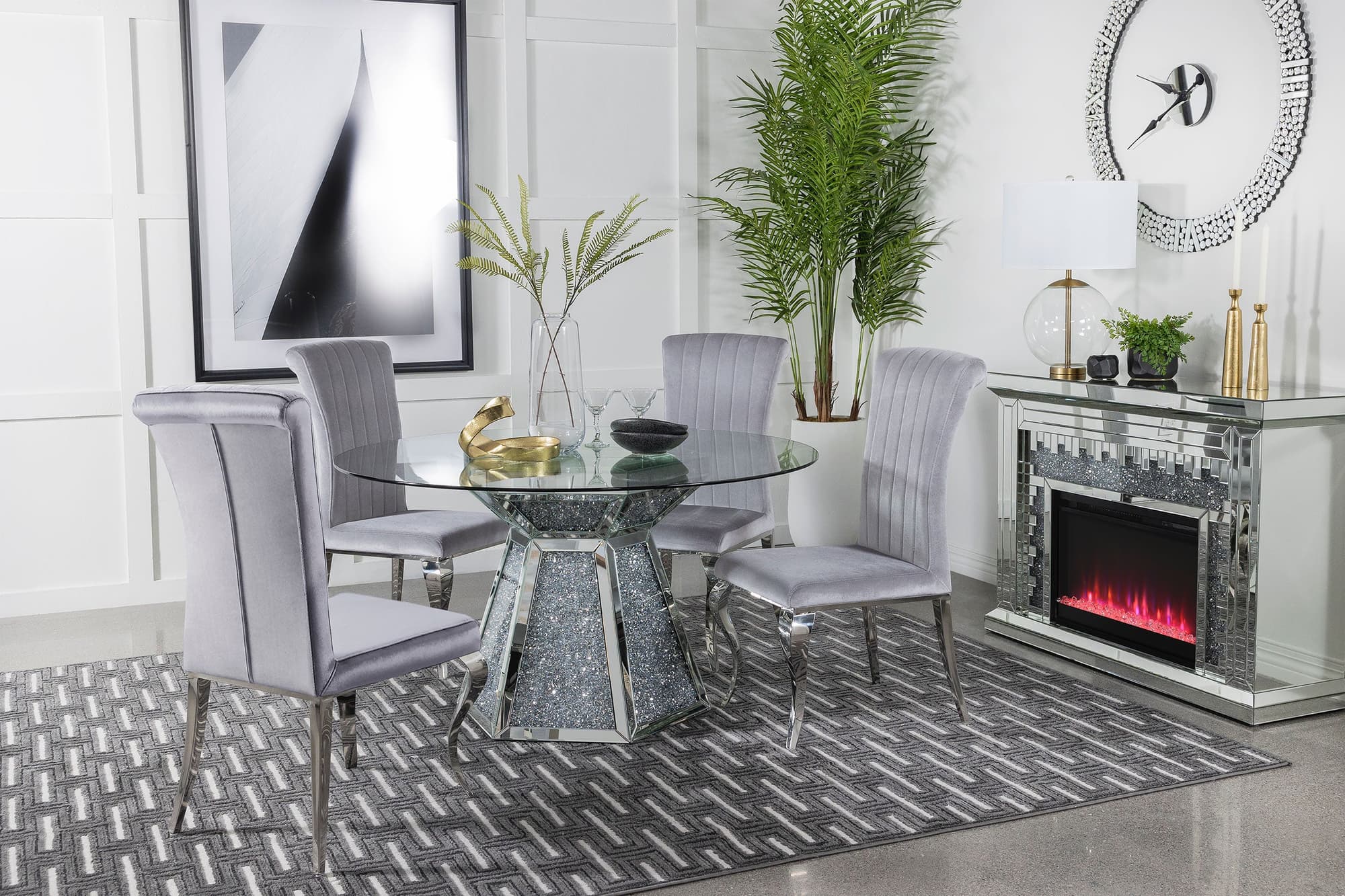 Quinn Gray Round Glass Top Mirrored Dining Room Set - Image 1