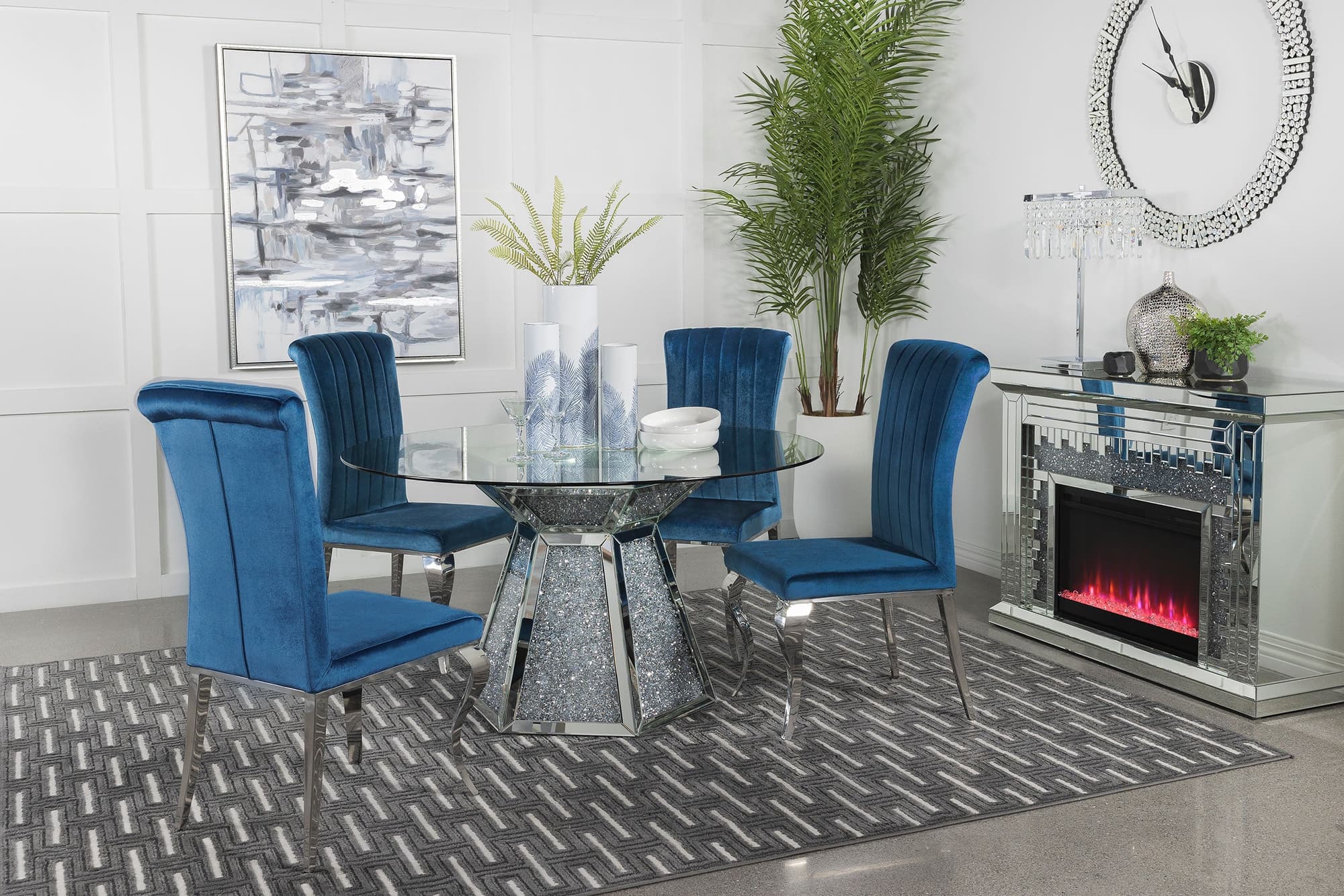 Quinn Teal Round Glass Top Mirrored Dining Room Set - Image 1