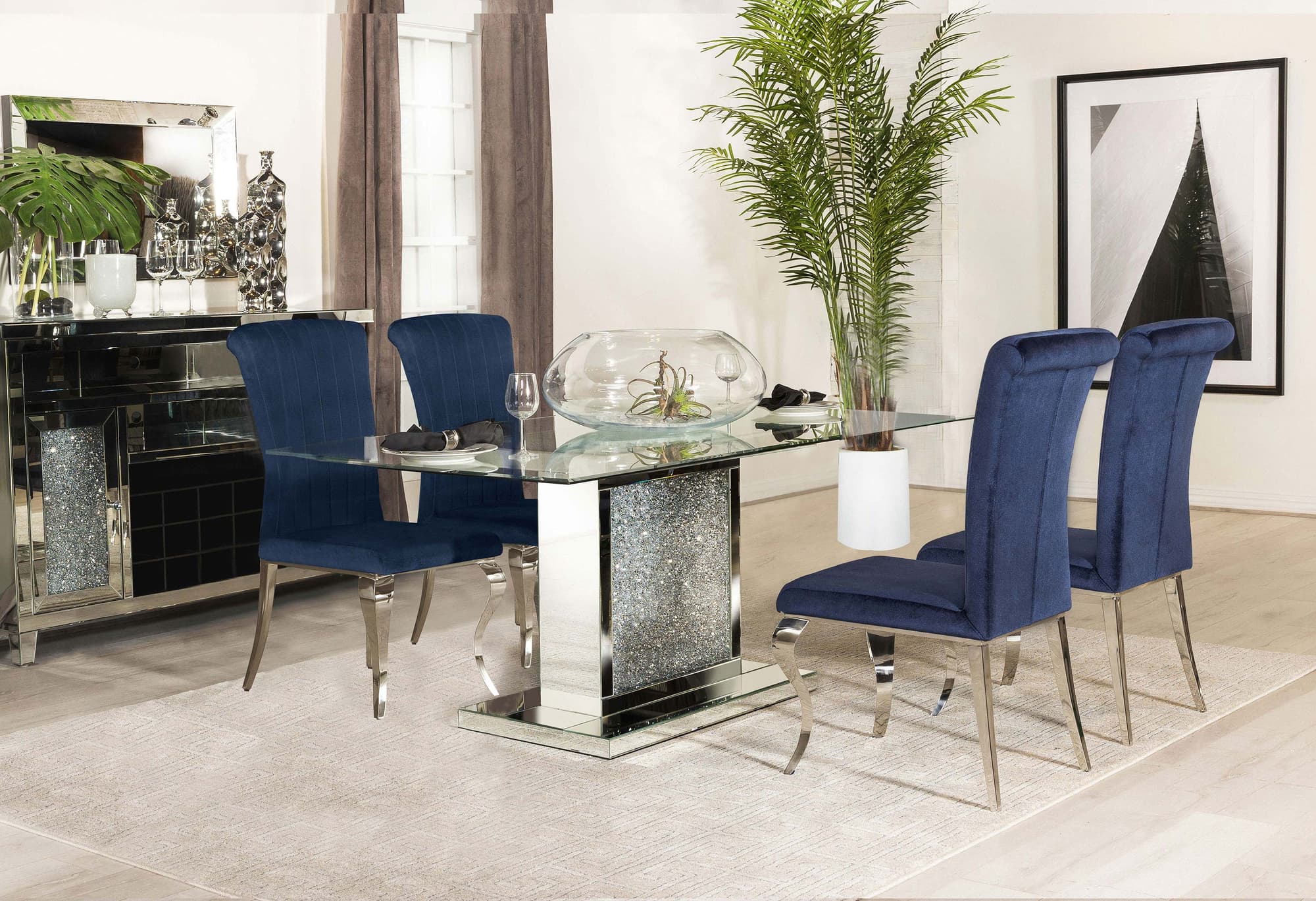 Marilyn Ink Blue Rectangular Mirrored Dining Room Set - Image 1
