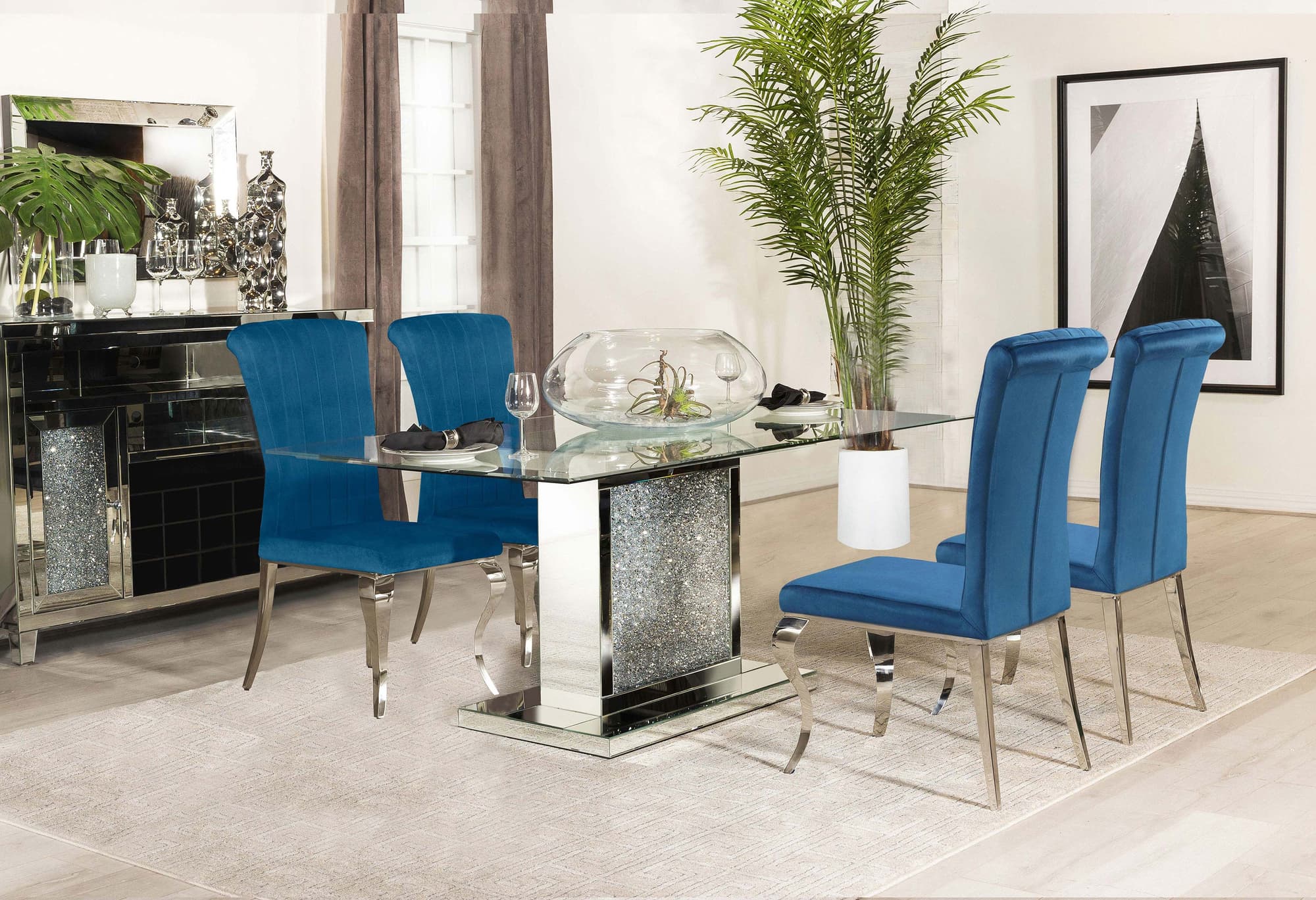 Marilyn Blue Rectangular Mirrored Dining Room Set - Image 1