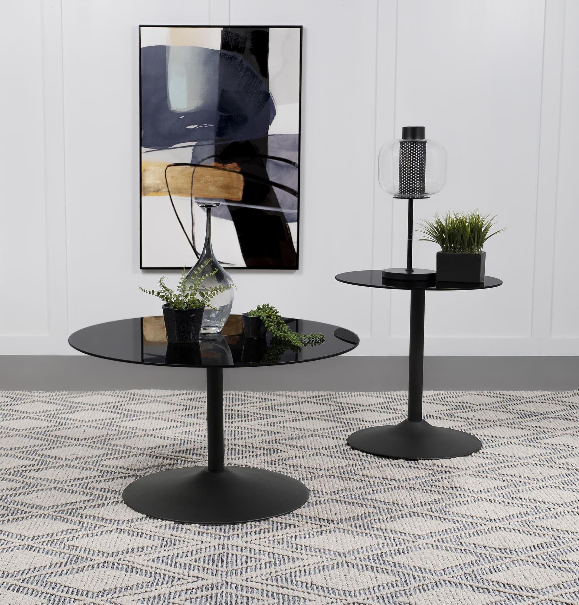 Ganso 2-piece Round Glass Top Coffee and End Table Set Black - Image 1