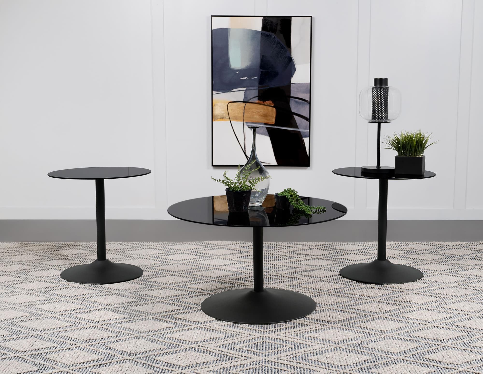 Ganso 3-piece Round Glass Top Coffee and End Table Set Black - Image 1