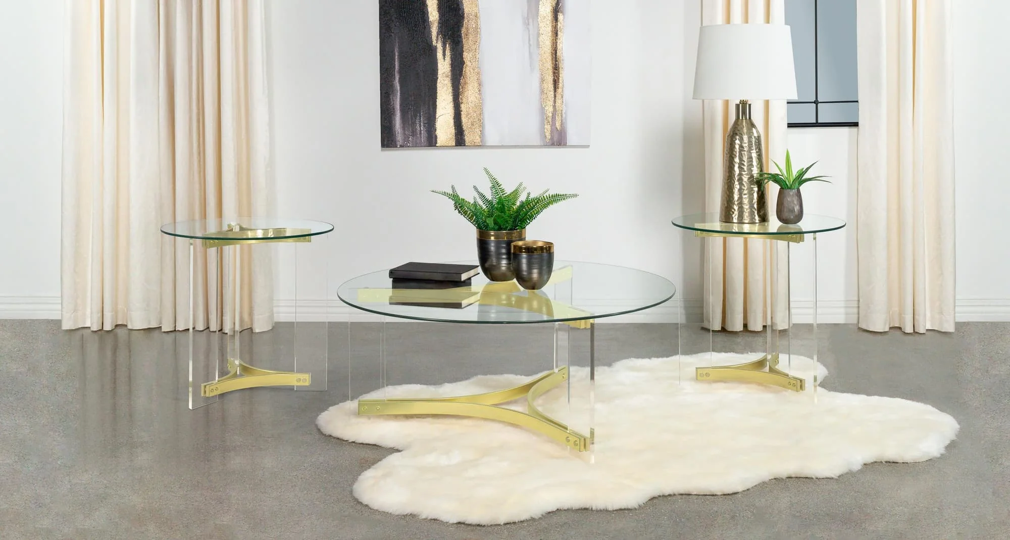 Janessa 3-piece Acrylic Coffee and End Table Set Matte Brass - Image 1