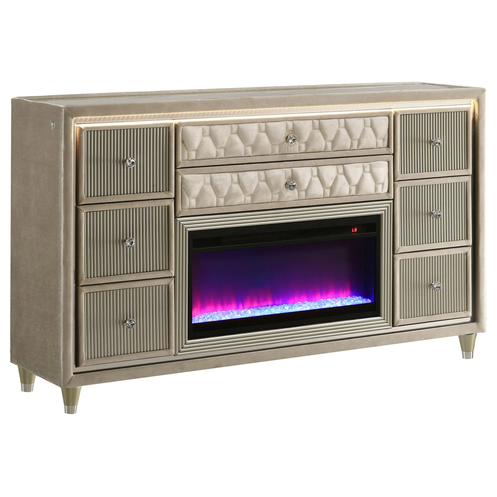Lorient 8-drawer LED Bedroom Flame Box Dresser Ivory Camel - Image 1