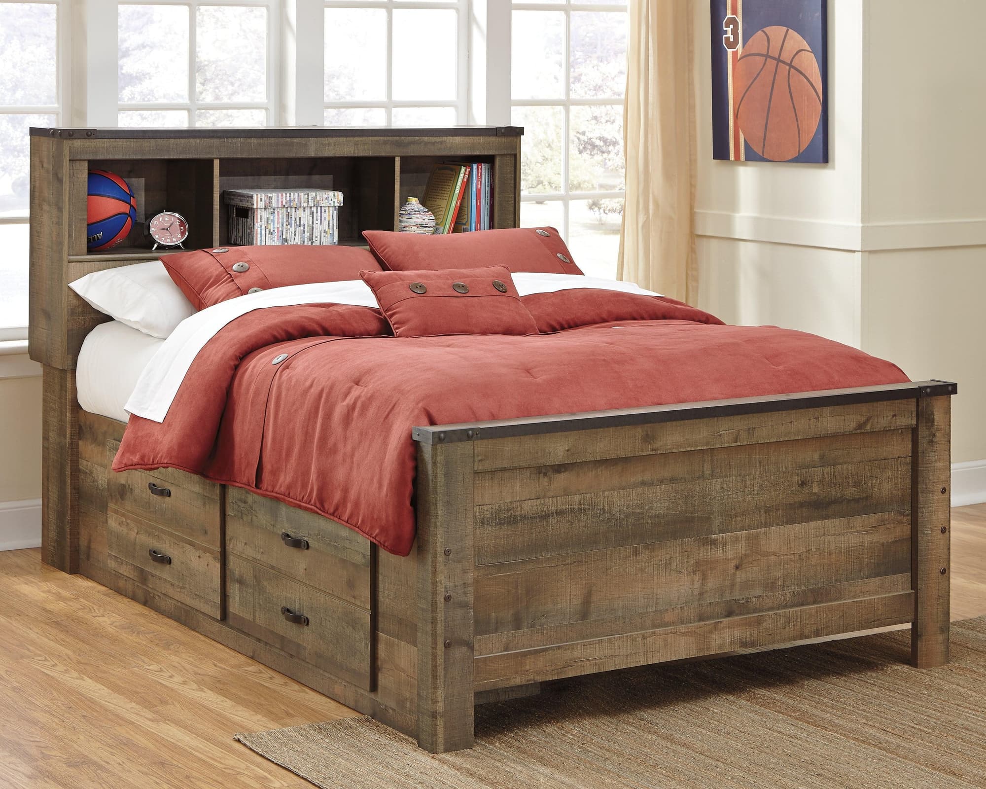 Trinell Brown Full Bookcase Bed With 2 Sided Storage - Image 1