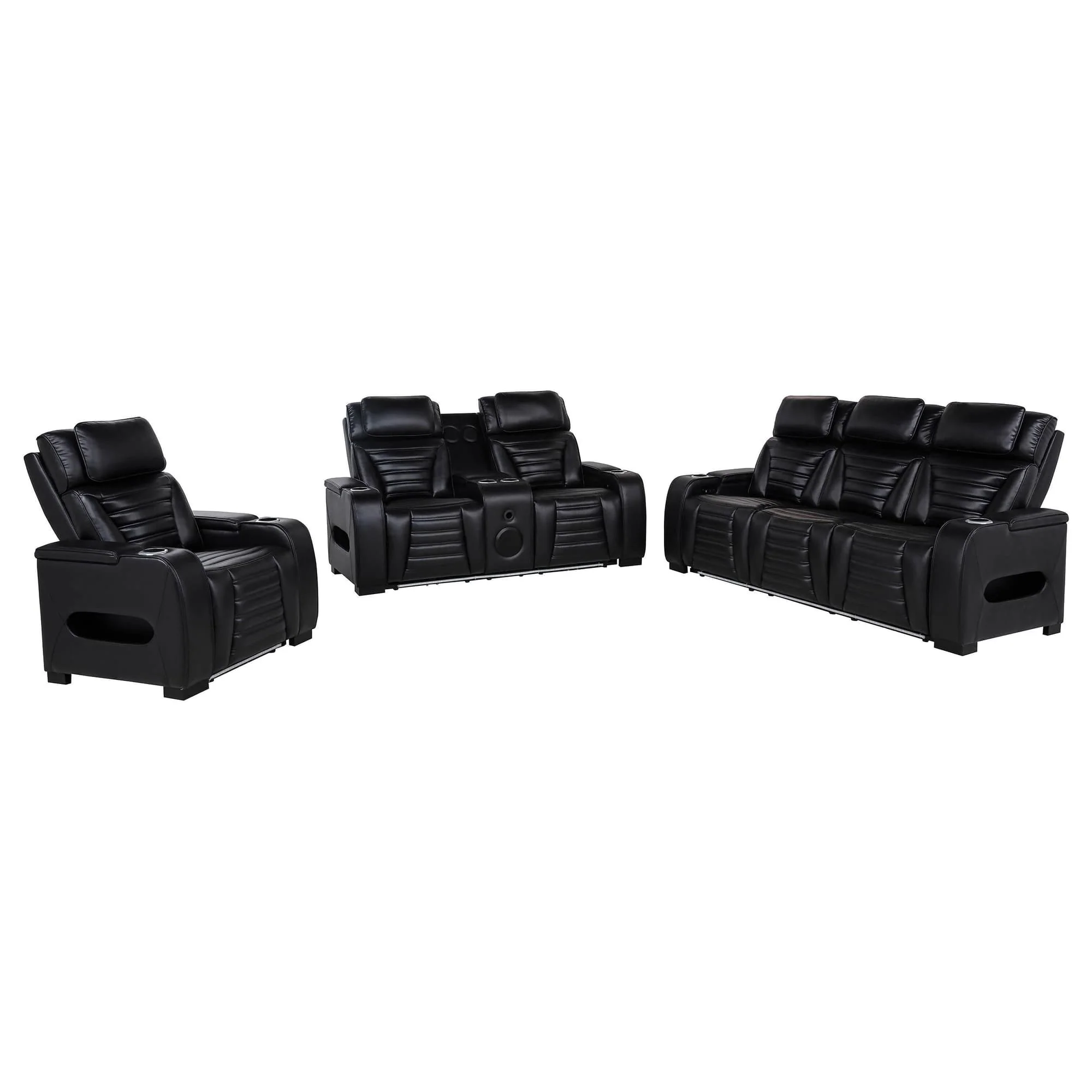 Zuma 3-piece Faux Leather Dual Power LED Sofa Set Black - Image 1