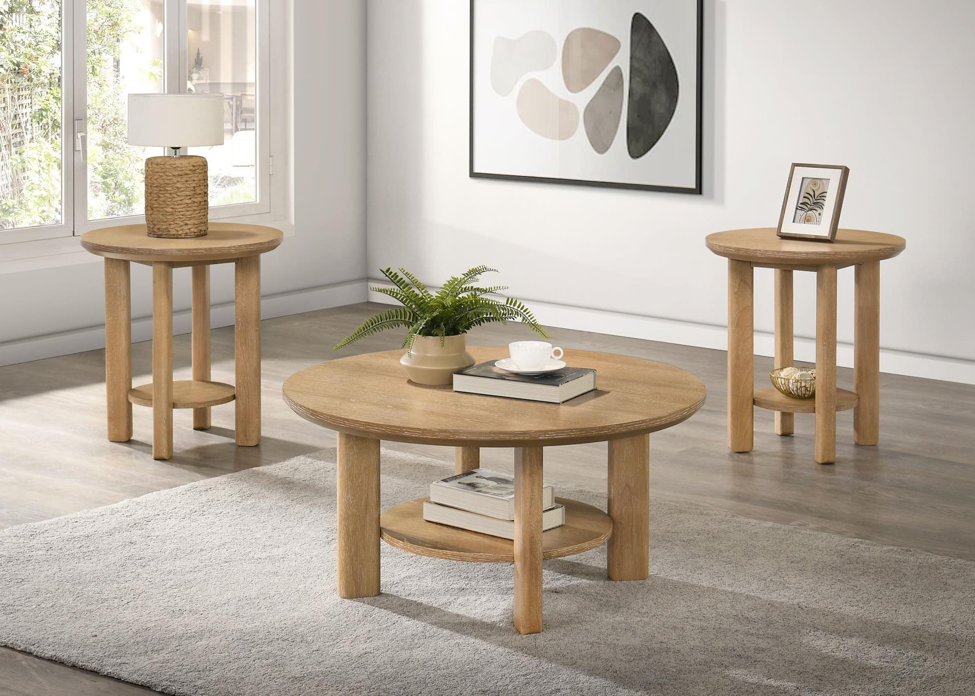 Ottowa 3-piece Round Wood Coffee Table Set Light Oak - Image 1