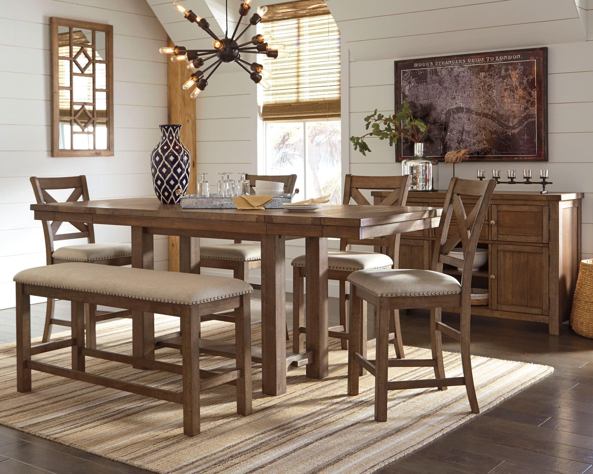 Moriville Grayish Brown Counter Height Dining Table And 4 Barstools Bench With Storage - Image 1